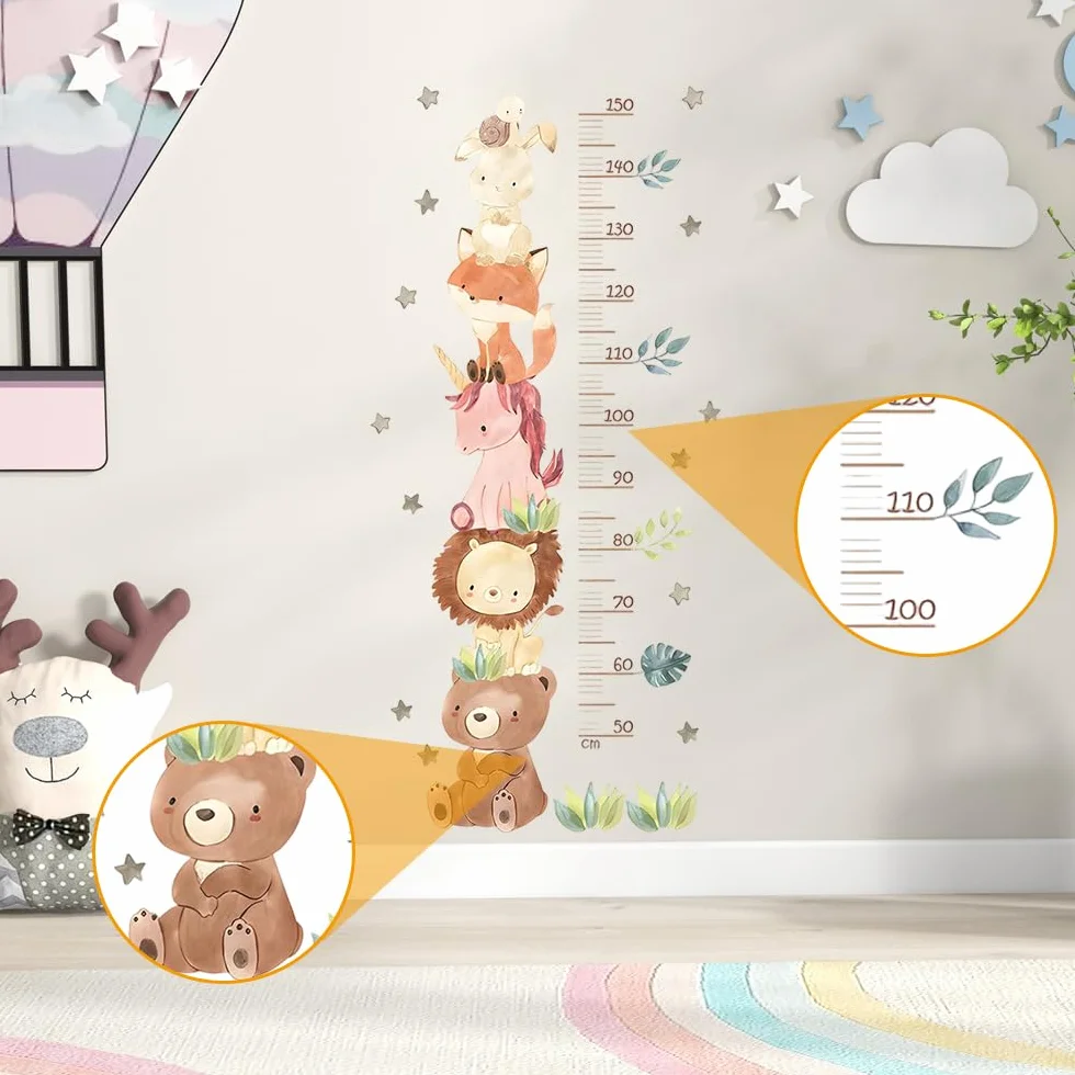 Toise Murale Enfant 50-150cm Règle Hauteur Stickers Animaux PVC Décoration