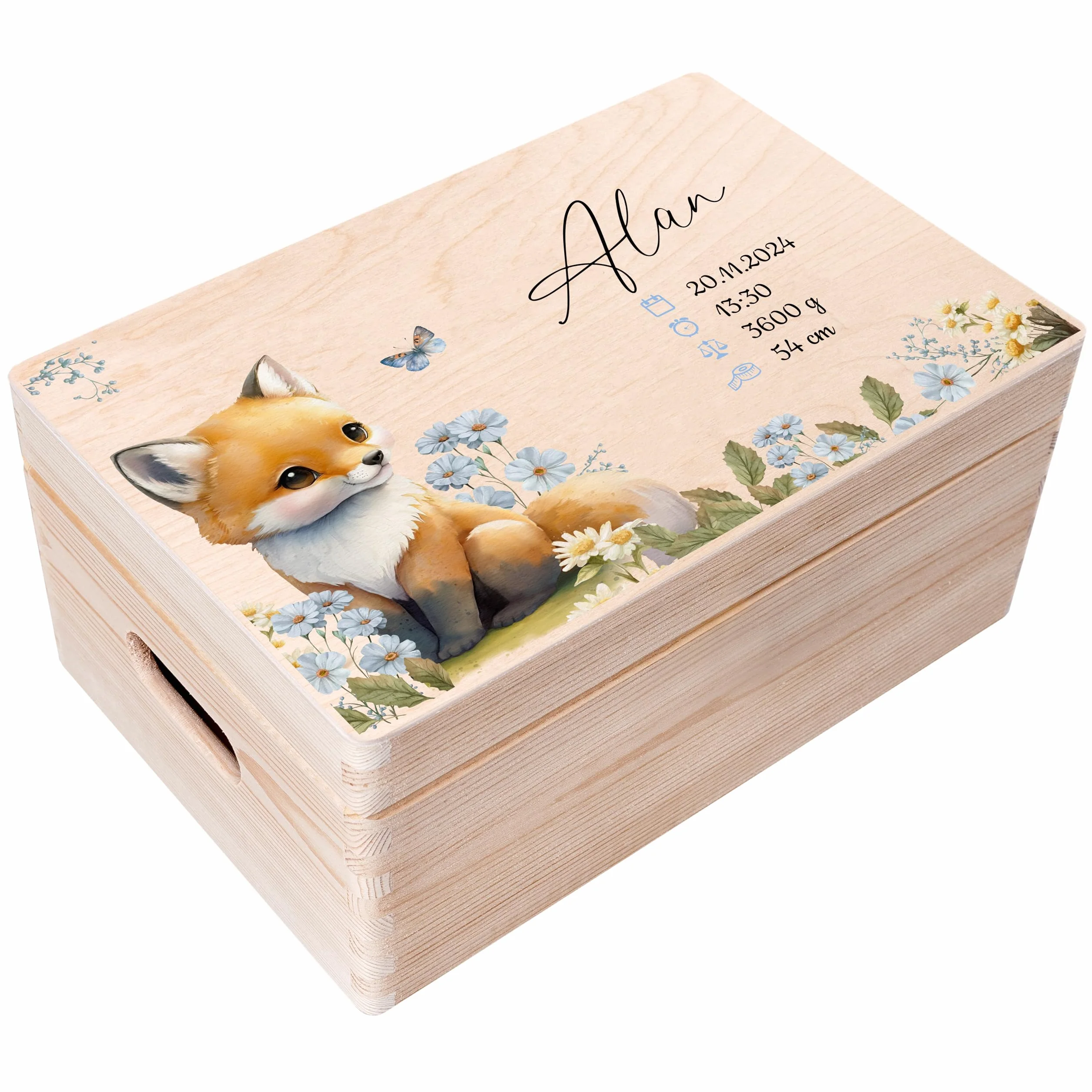 Boîte à Souvenirs Bébé Personnalisé Renard 30 x 20 x 14 cm Bois Couvercle Cadeau Naissance Fille Garçon