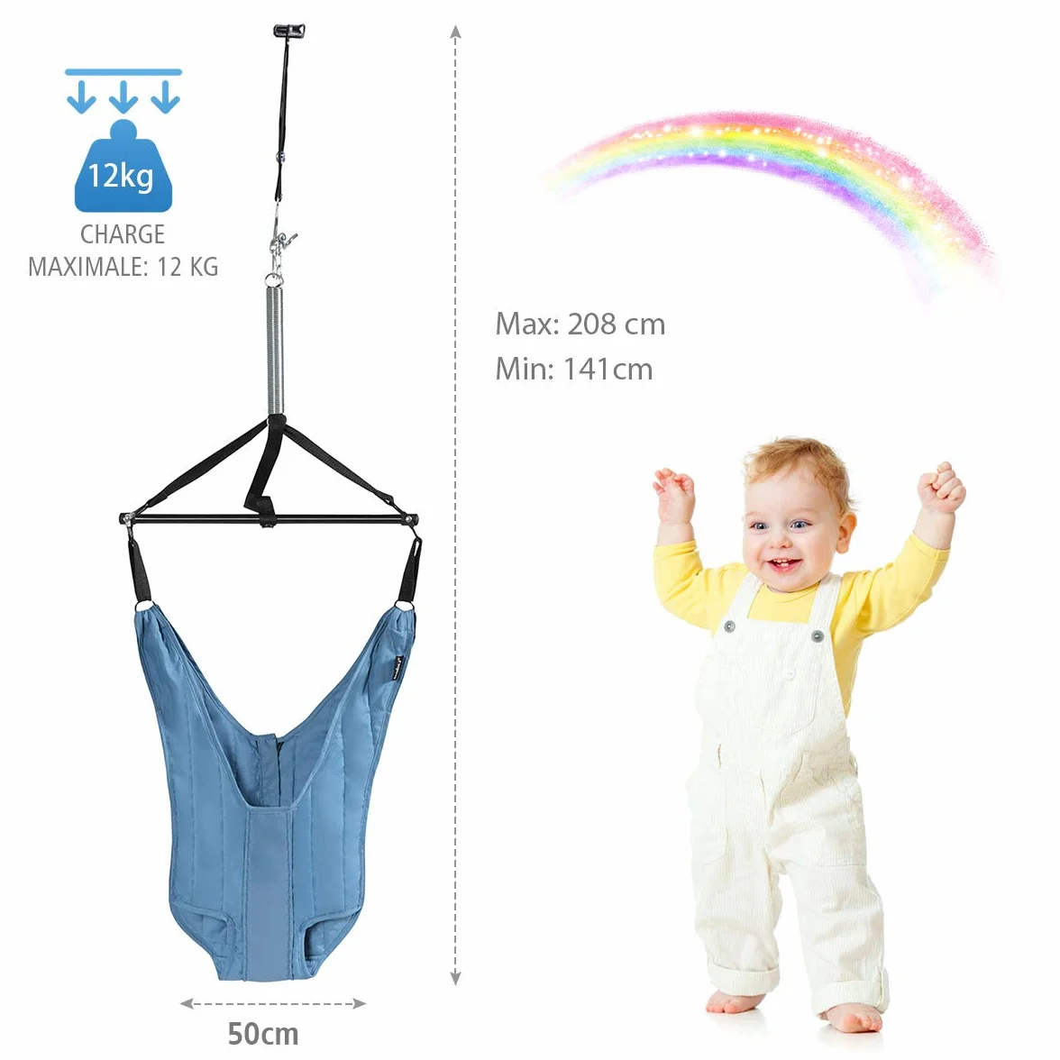 COSTWAY Siège Sauteur Suspendu Bébés 6-12 Mois Chaîne Réglable 29-93CM Tissu TC Tube Fer Charge Max. 12KG Bleu