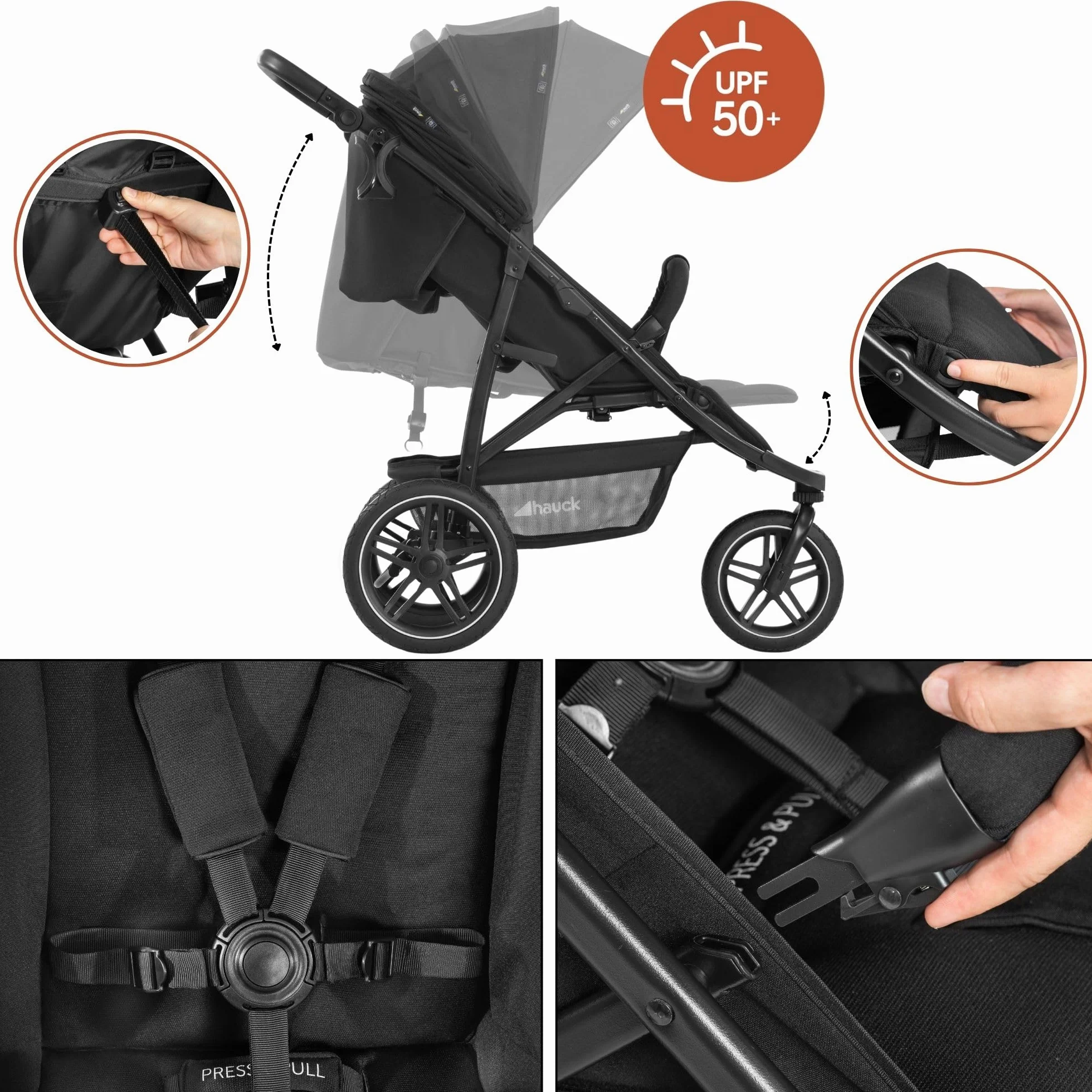 Hauck Poussette 3 Roues Rapid 3R, Pneus Caoutchouc, Suspension, Position Allongée, 22 kg, Protection UV 50+, Pliable, Guidon Réglable, Noir