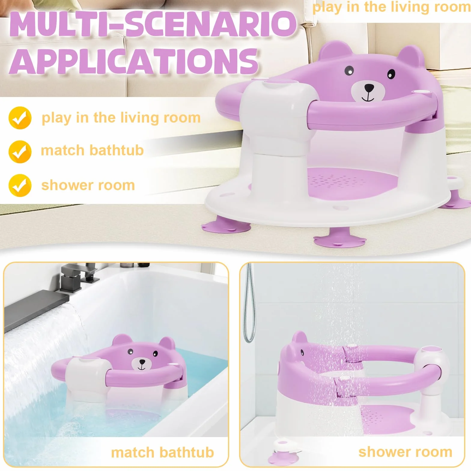 Chaise de Bain pour Bébé 6-24 Mois, Siège de Bain avec Ventouses, Antidérapant Violet