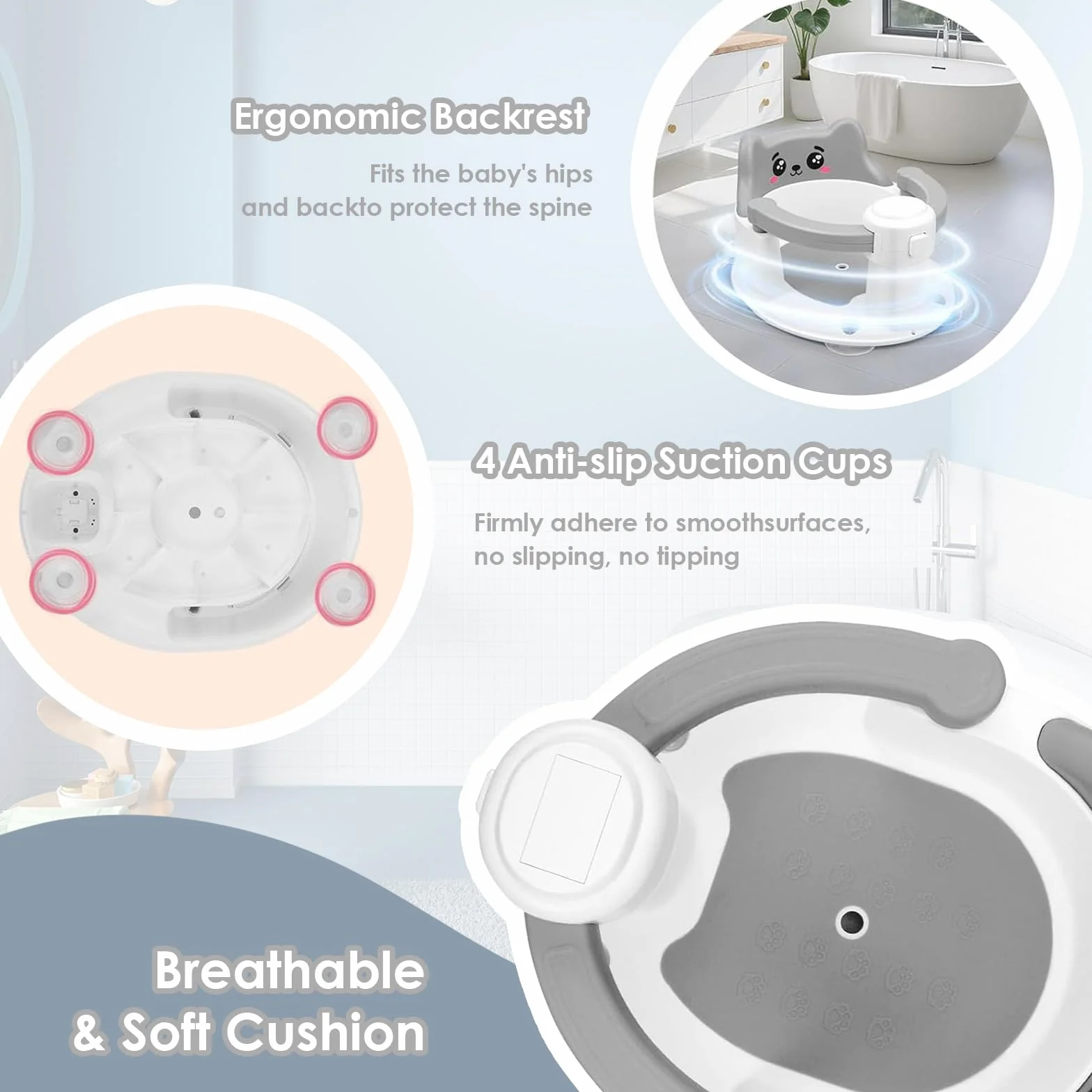Siège de Bain Bébé avec 4 Ventouses Antidérapantes, Portable et Sécurisé pour Douche ou Baignoire