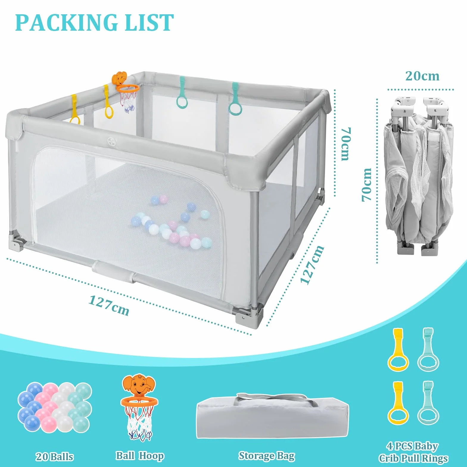 Parc Bebe Pliable 127x127cm Baby Playpen avec Sac de Voyage, 20 Boules Océaniques et 4 Poignées