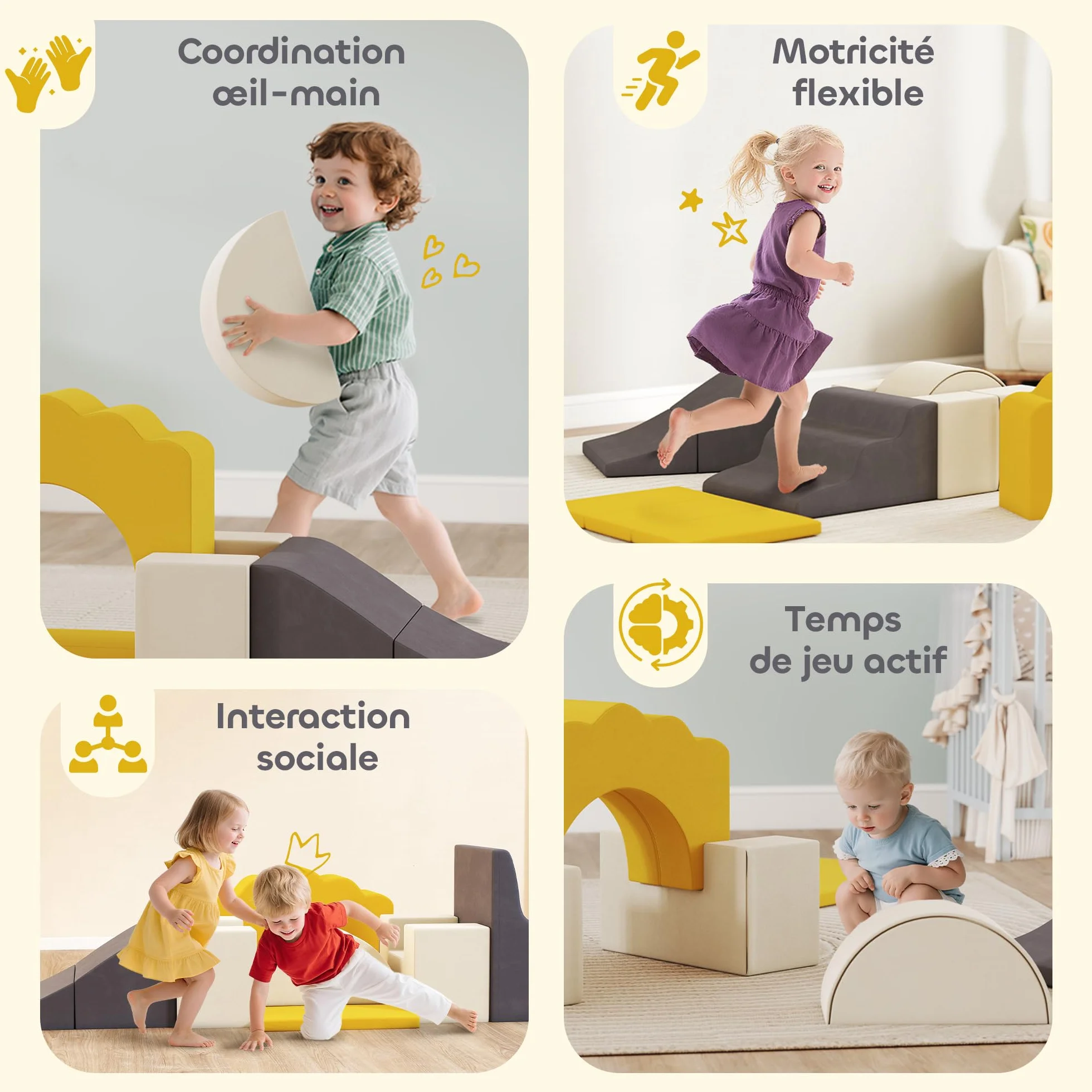 AIYAPLAY Parcours motricité bébé modulable, Blocs Mousse éducatifs 7 pièces, Housse Lavable Velours, Base antidérapante, Jeu intérieur Enfants 6 Mois-3 Ans, Jaune