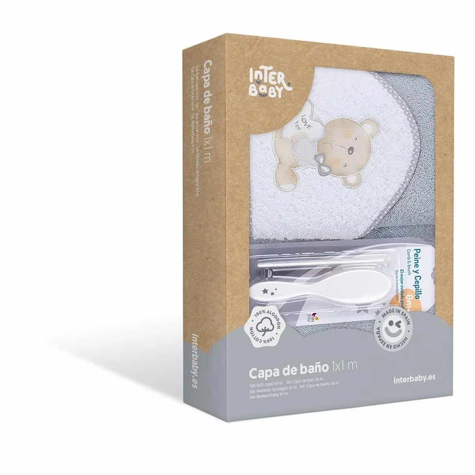 Interbaby Cape du Bain 400 GSM Coton Terry Love You Gris 100 x 100 cm