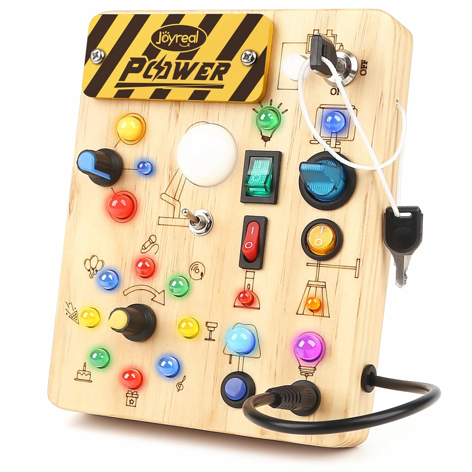 Joyreal Planche Busy Board Montessori en Bois avec 19 LED, Jouet Bebe 1 2 3 Ans, Tableau d'Activité Sensoriel