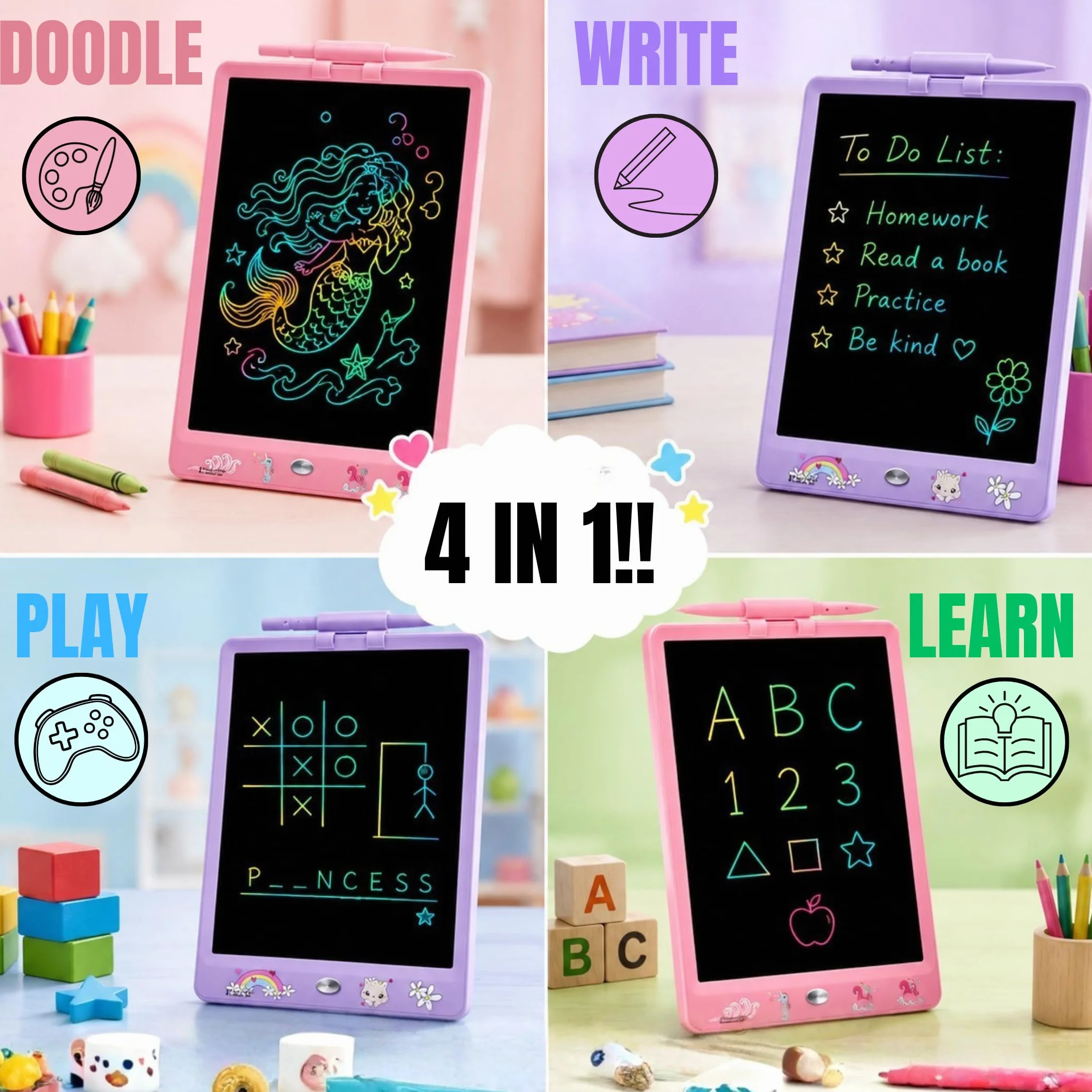 DYNASONIC Tablette d'écriture pour enfants 10 pouces LCD Dessin Magnétique Jouet Dinosaure Cadeau 2-8 ans