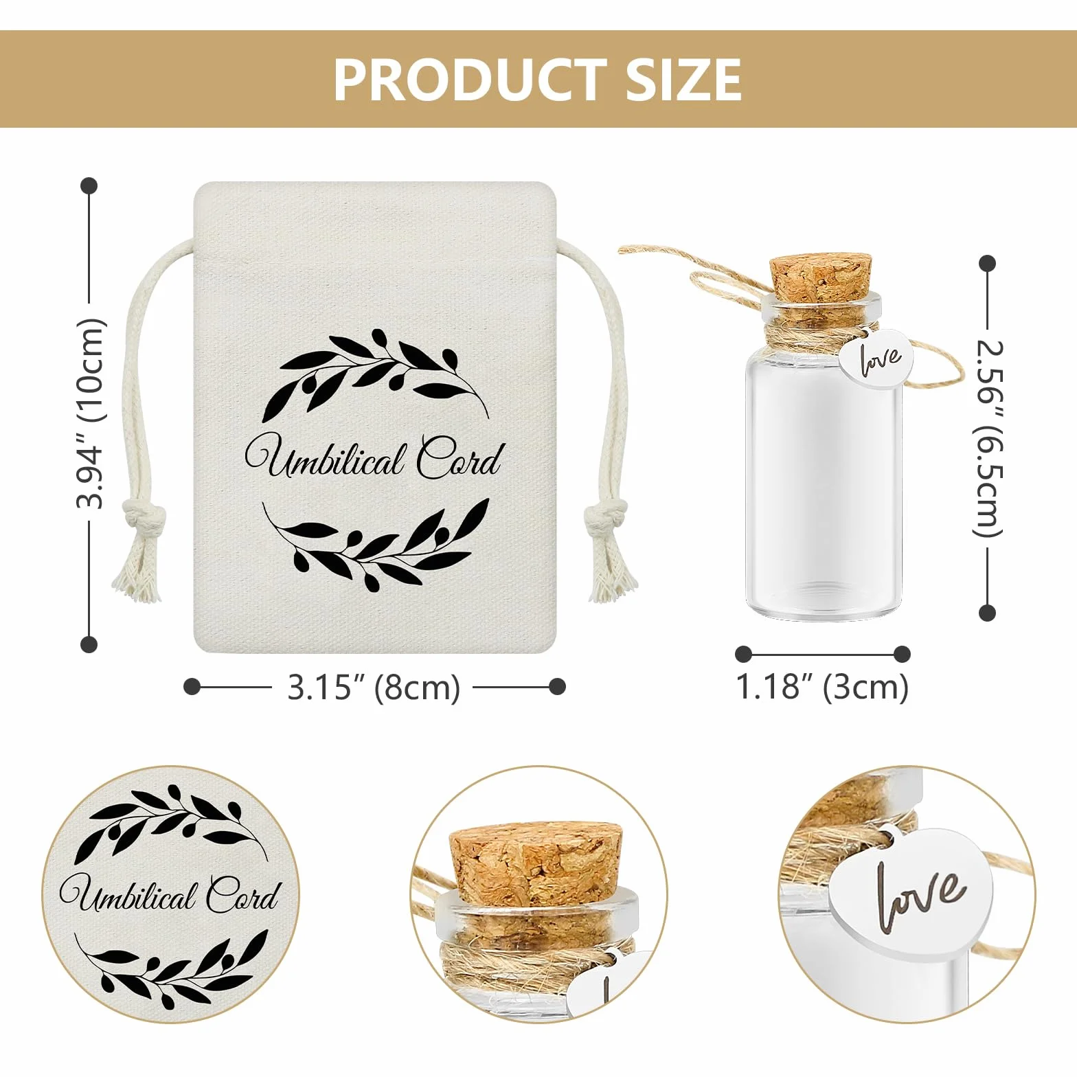 Bouteille souvenir en verre avec bouchon liège pour cordon ombilical et cheveux fœtaux, baptême, baby shower