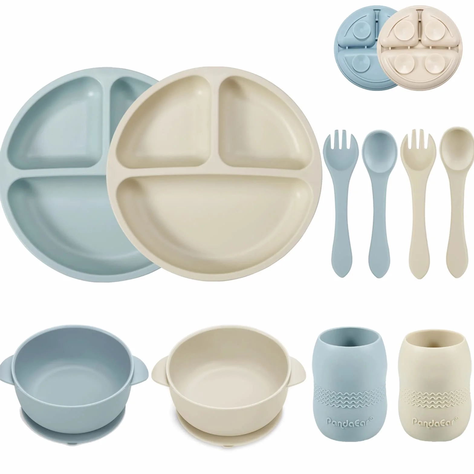 PandaEar Ensemble Repas Bébé Silicone - 2 Assiettes 2 Bols 2 Gobelets 2 Cuillères 2 Fourchettes Bleu Blanc