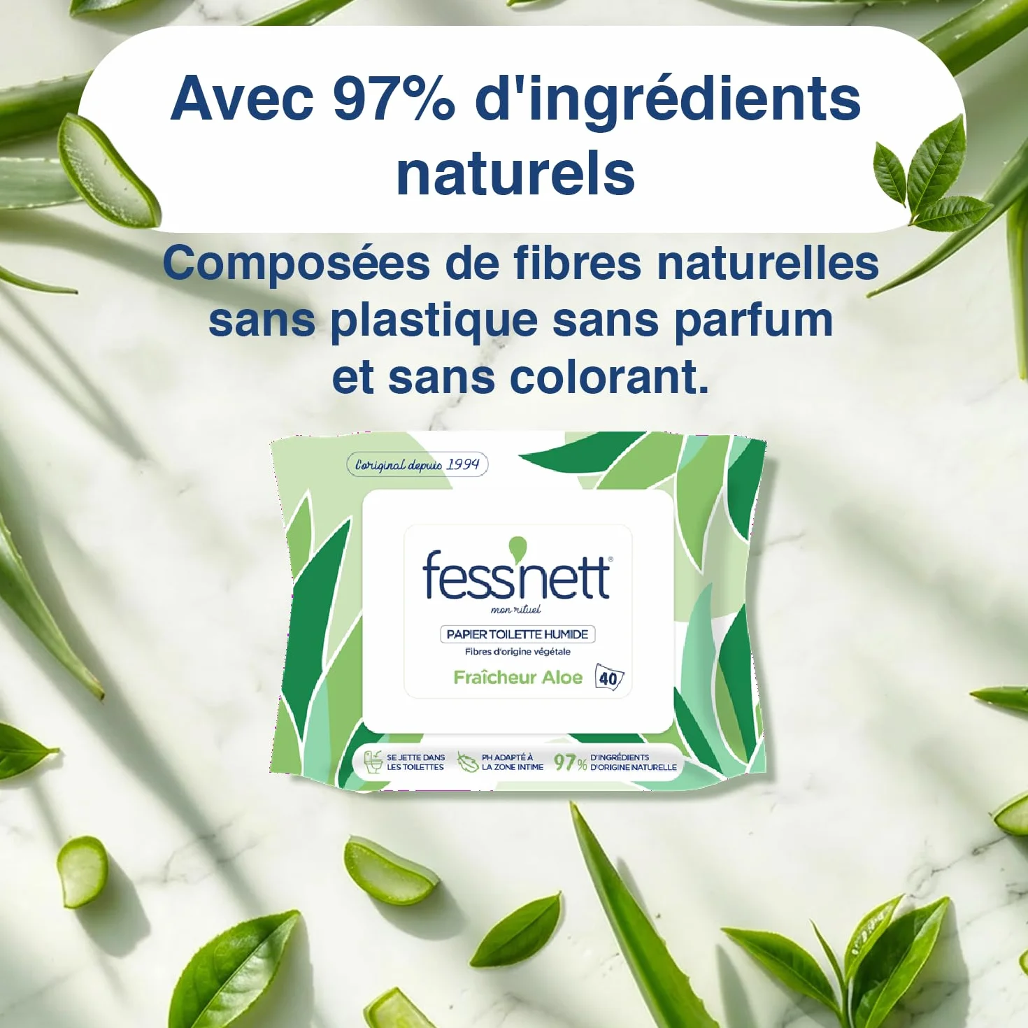 Papier Toilette Humidifié Vert Aloe 40 Feuilles 100% Fibres Végétales PH Neutre Sans Parfum