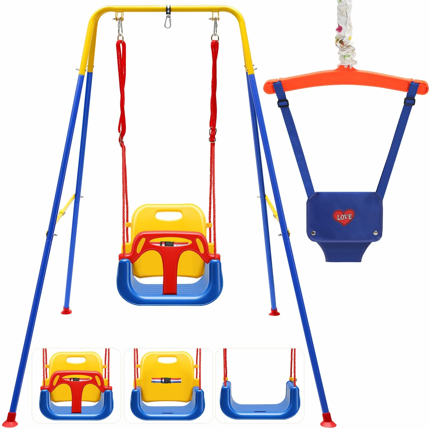 Balançoire bébé 4 en 1 pliable avec armature et ceinture de sécurité