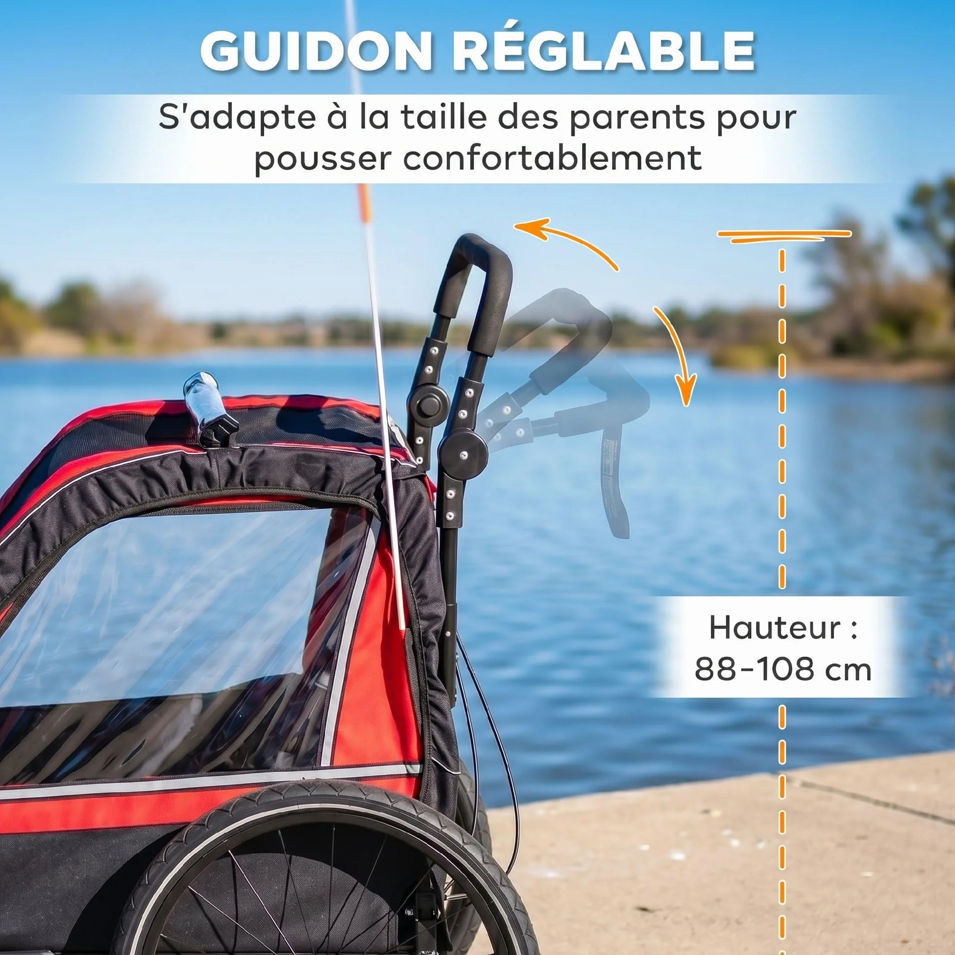 AIYAPLAY Remorque vélo Enfant 2 Places 2 en 1 Poussette bébé Guidon réglable Frein à Main Ceinture sécurité 5 Points attelage Universel 38 kg Rouge