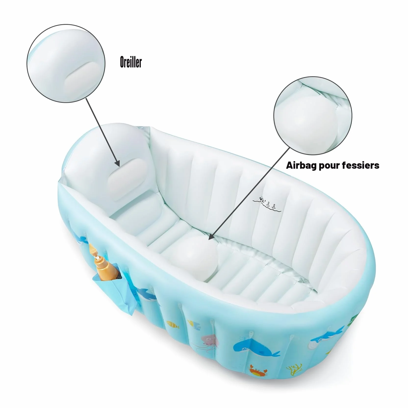 PandaEar Baignoire gonflable portable bébé enfant bassin antidérapant pompe à air bleu baleine