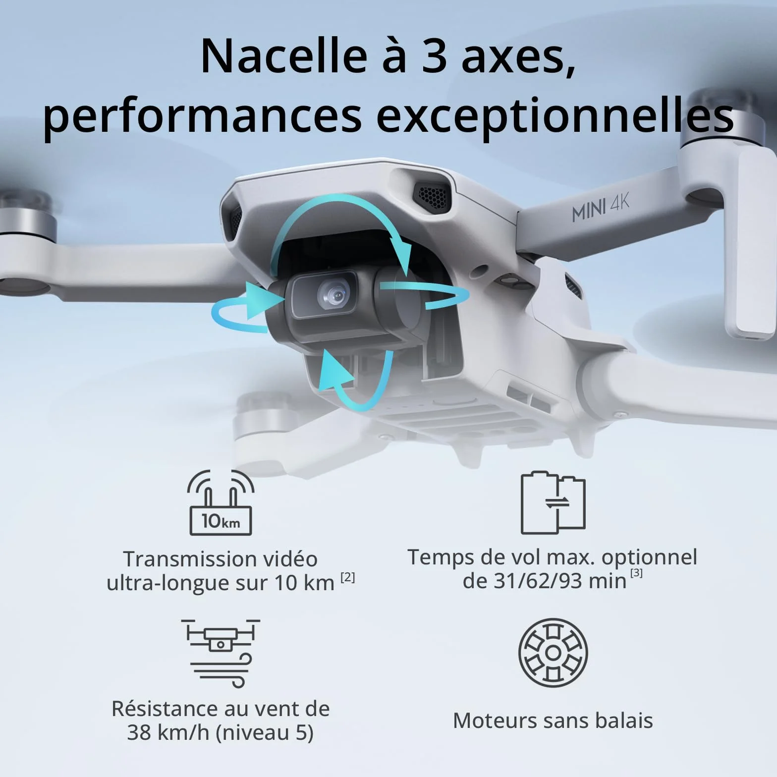 Drone Caméra 4K UHD Mini < 249 g, Stabilisation Nacelle 3 Axes, Transmission 10 km, 2 Batteries 62 min