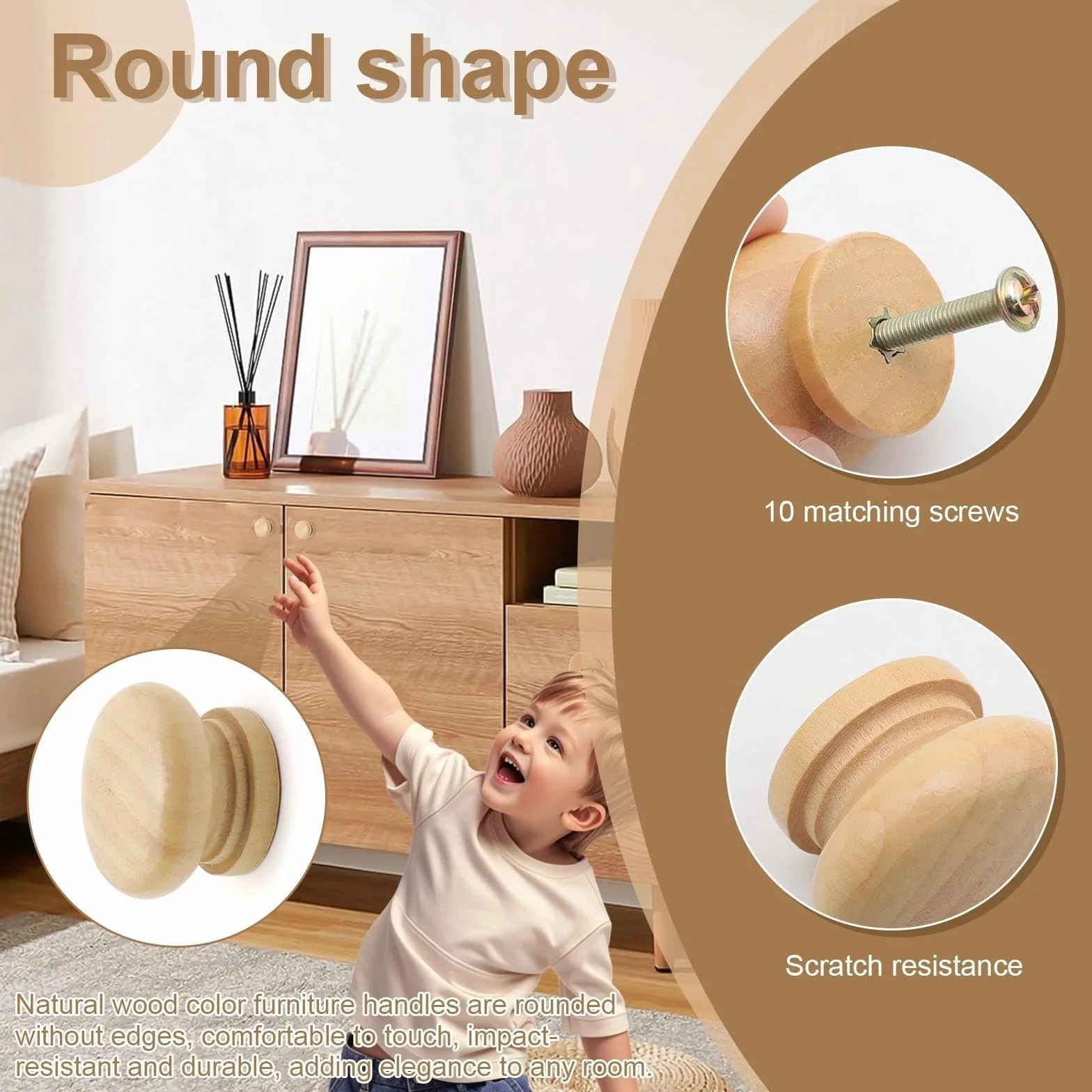 Bouton de Meuble Bois Diamètre 32,5 mm 10 Pièces pour Placards Armoires Tiroirs