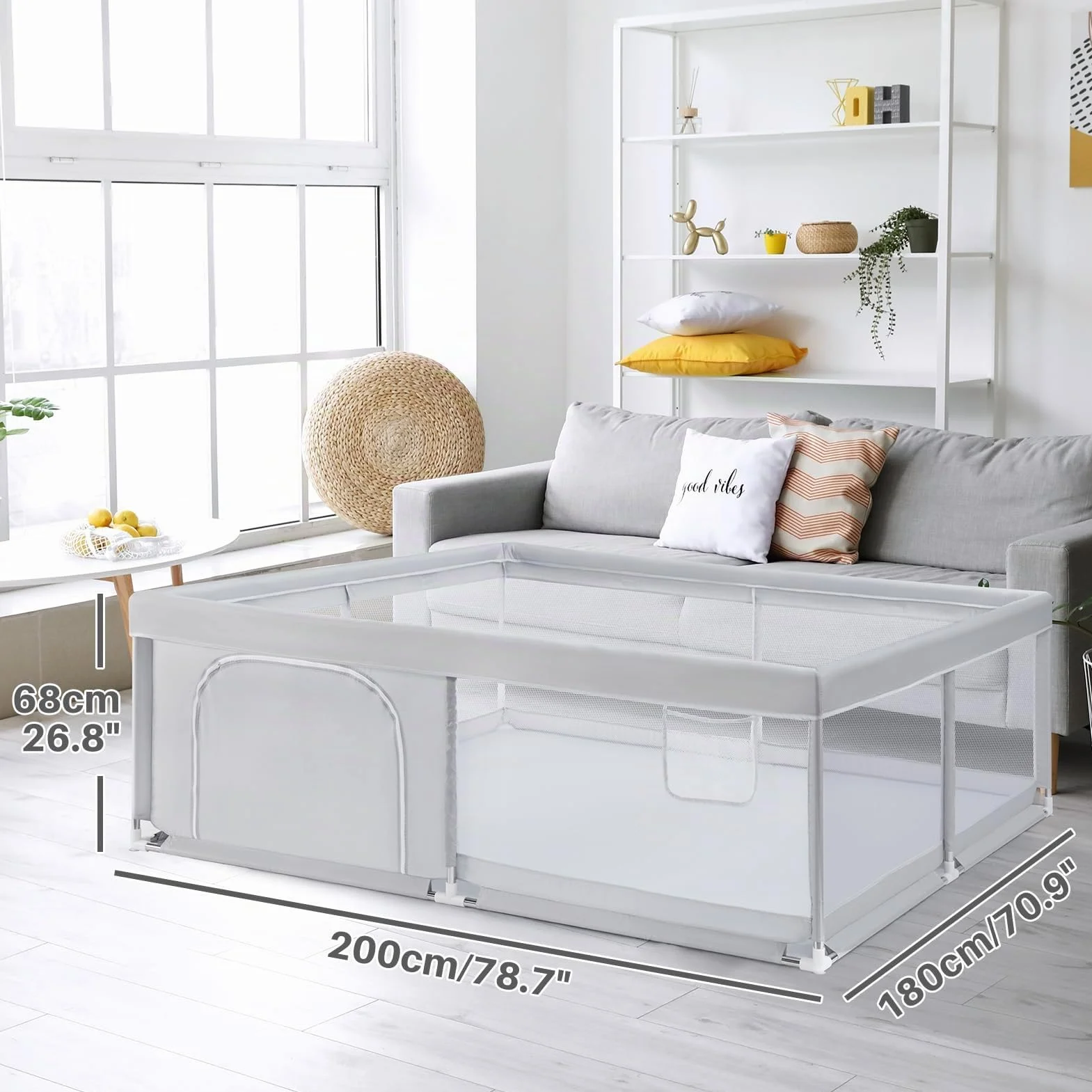 Grand Parc pour Bébé BEJOY XXL 180x200cm Protection Mousse Antidérapant Porte Fermeture Éclair Ronde Maille Respirante