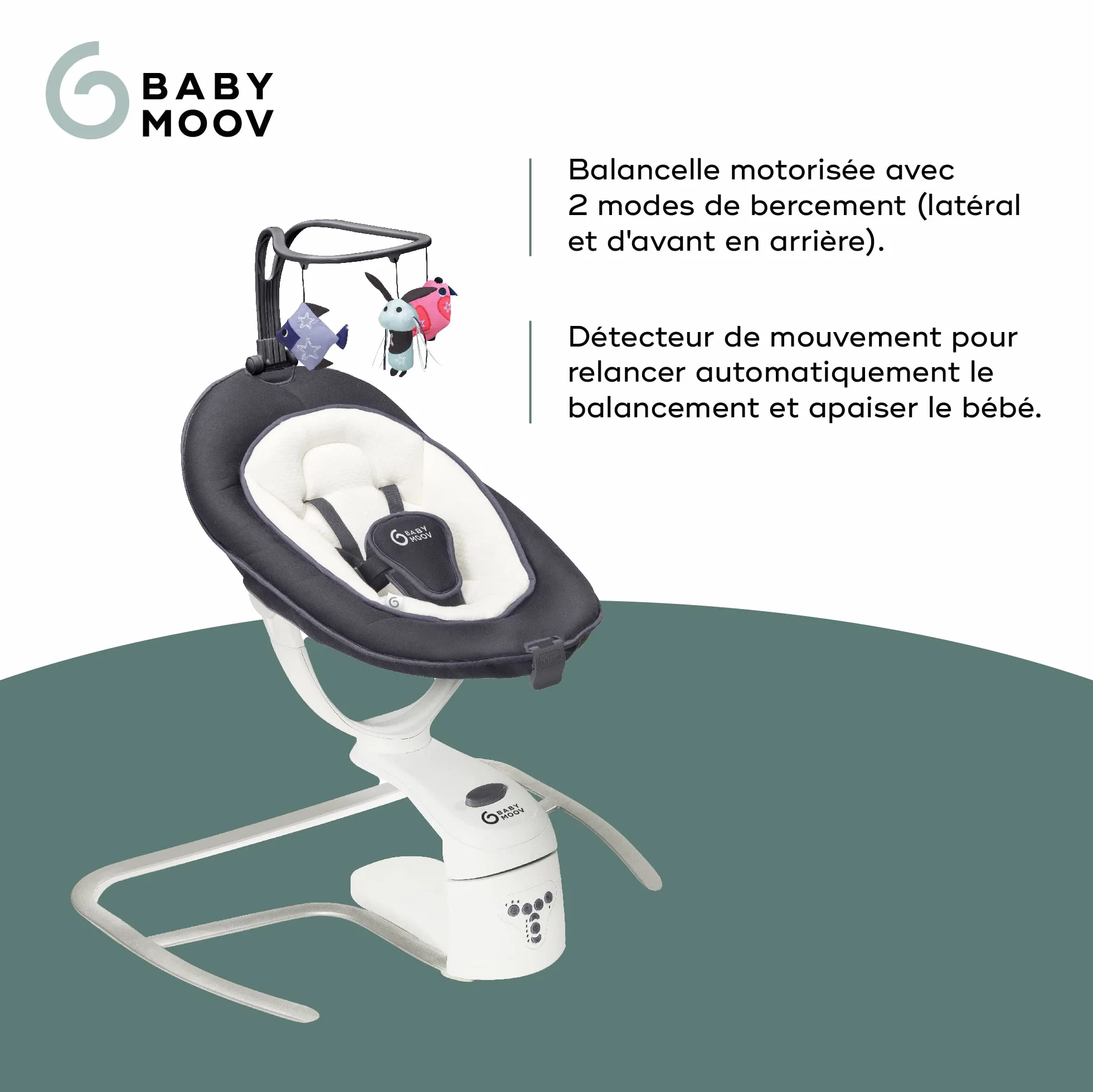 Babymoov Swoon Motion Zinc Balancelle électrique bébé 360° rotative 5 vitesses balancement réducteur nouveau-né arche jeux 8 berceuses