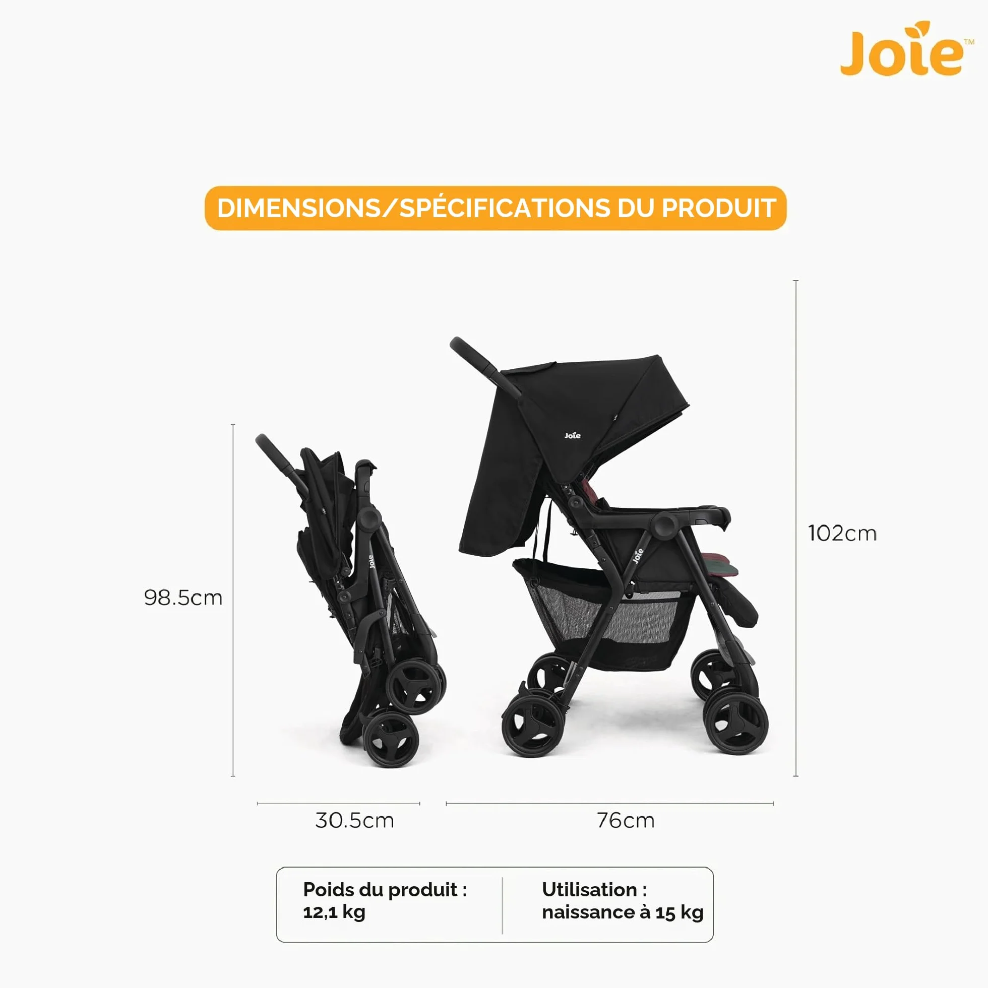 Poussette double JOIE AIR TWIN côte à côte 15 kg UPF 50+ pliage facile pluie incluse Shale