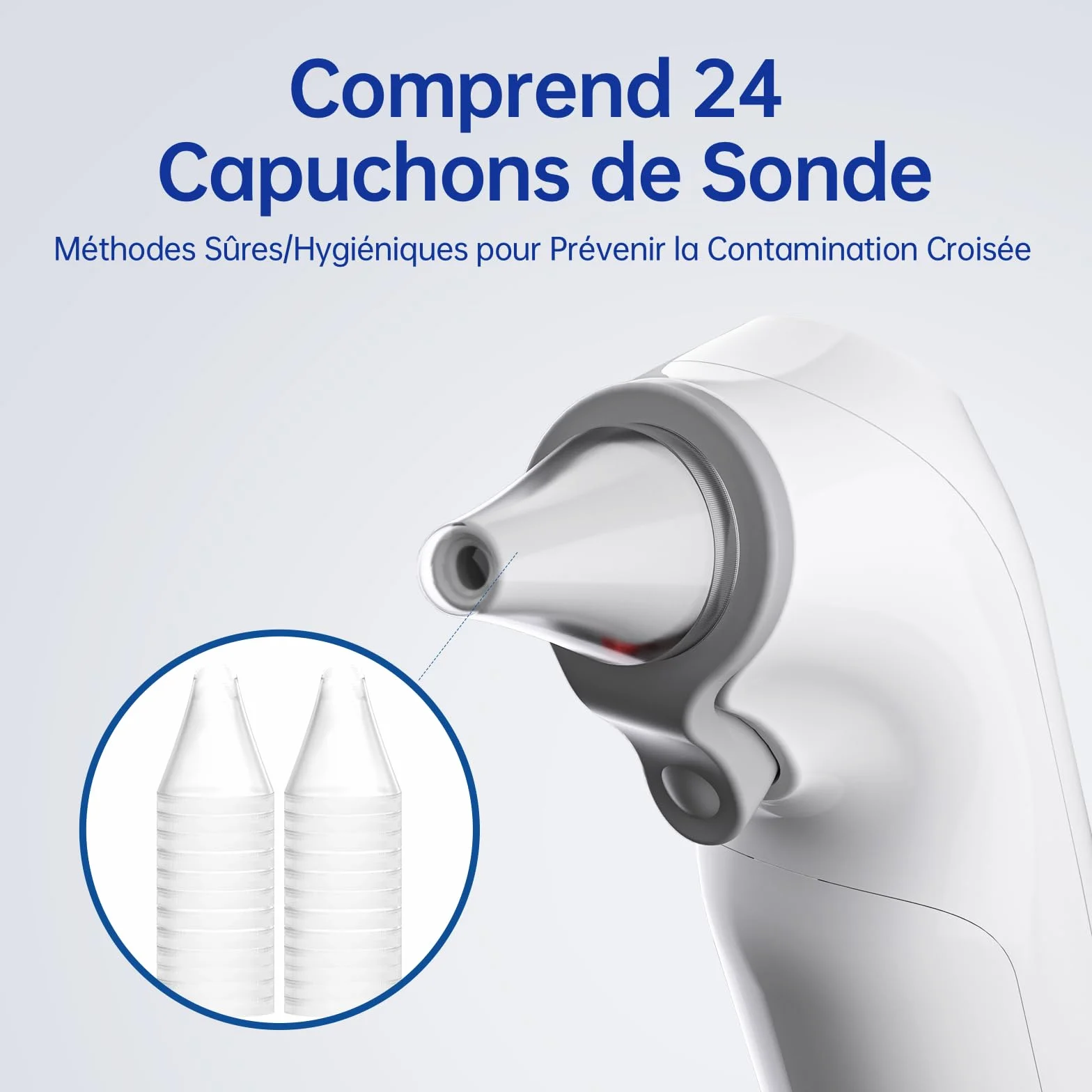 Thermomètre Auriculaire Professionnel avec Code d'Alerte Fièvre 3 Couleurs, Mode Silencieux, 24 Couvre-Sondes Jetables