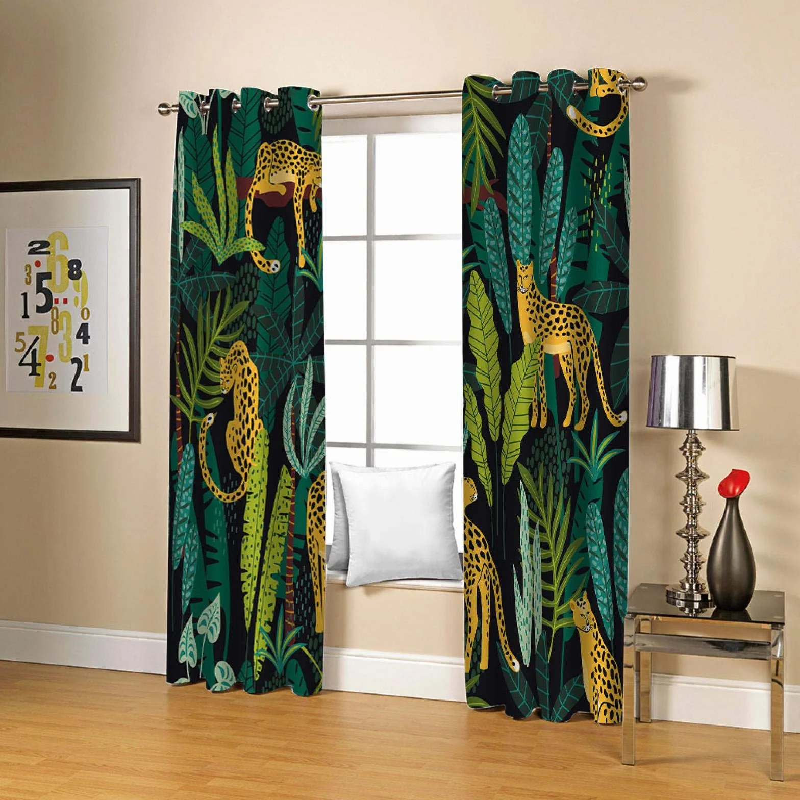 Rideau Occultant Isolant Thermique À Oeillets 2 Pièces 117x230cm, Motif Guépard Jungle Tropicale