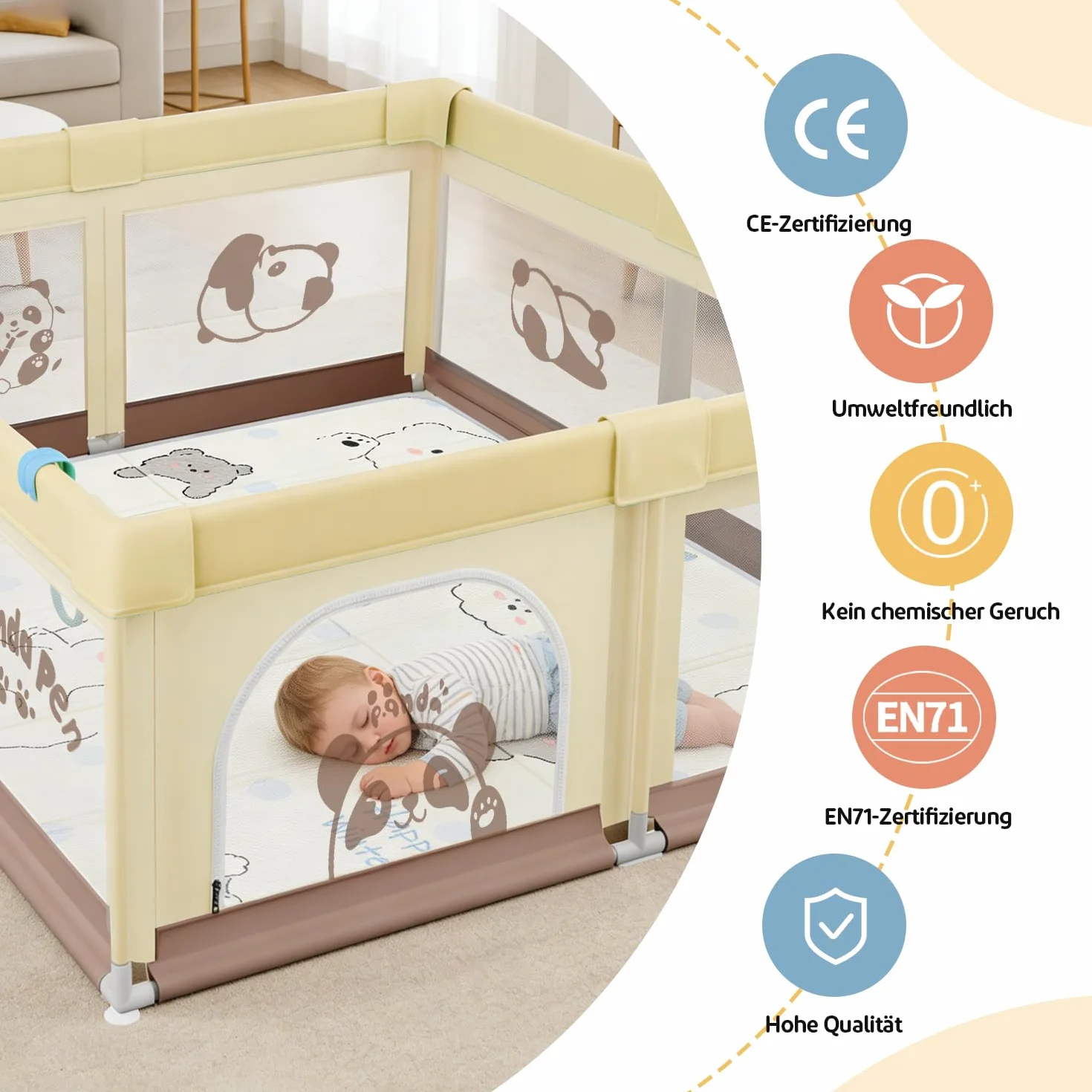 Parc Bébé 120x120 avec Tapis, 40 KG, 300D Tissu Oxford, Ventouse Base, 360° Filet Respirant, Centre d'Activités Enfants, Panda beige