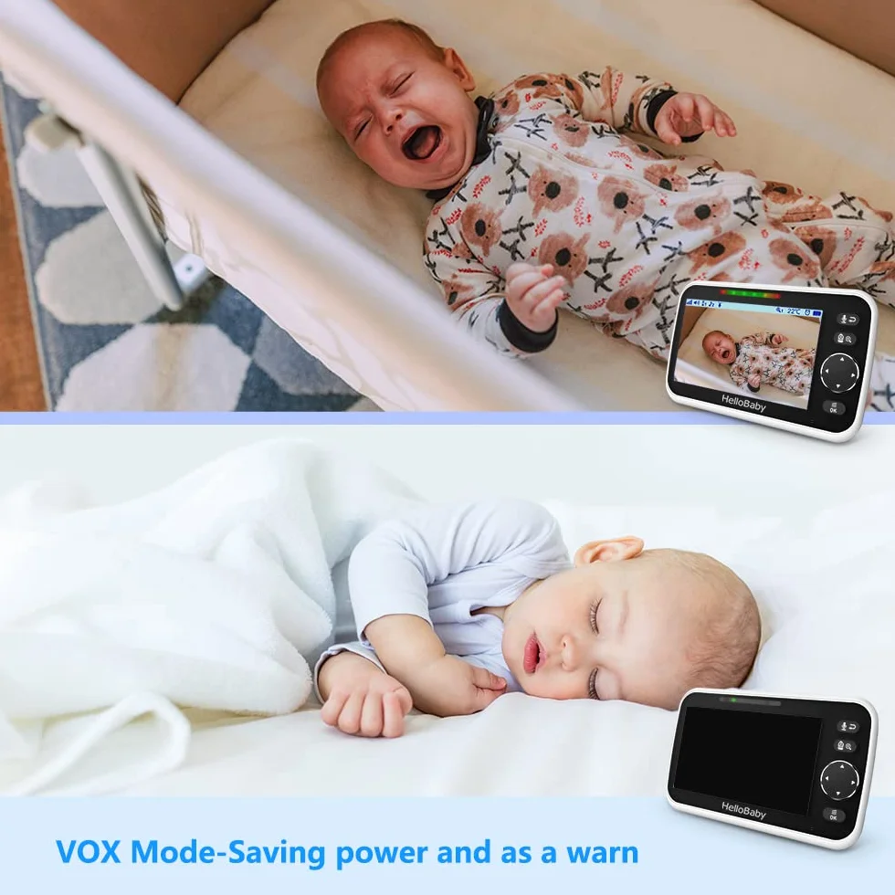 HelloBaby Moniteur bébé 12,7 cm Batterie 26 Heures 2 caméras Zoom Vidéo Audio Portée 304,8 m sans WiFi VOX Vision Nocturne Conversation bidirectionnelle 8 Langues