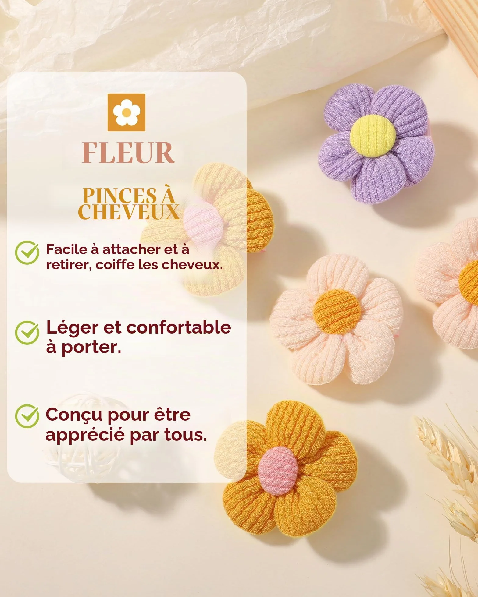 Pinces à cheveux bébé lot 12 - 4,5 cm antidérapantes épaisses accessoires floraux nourrissons tout-petits