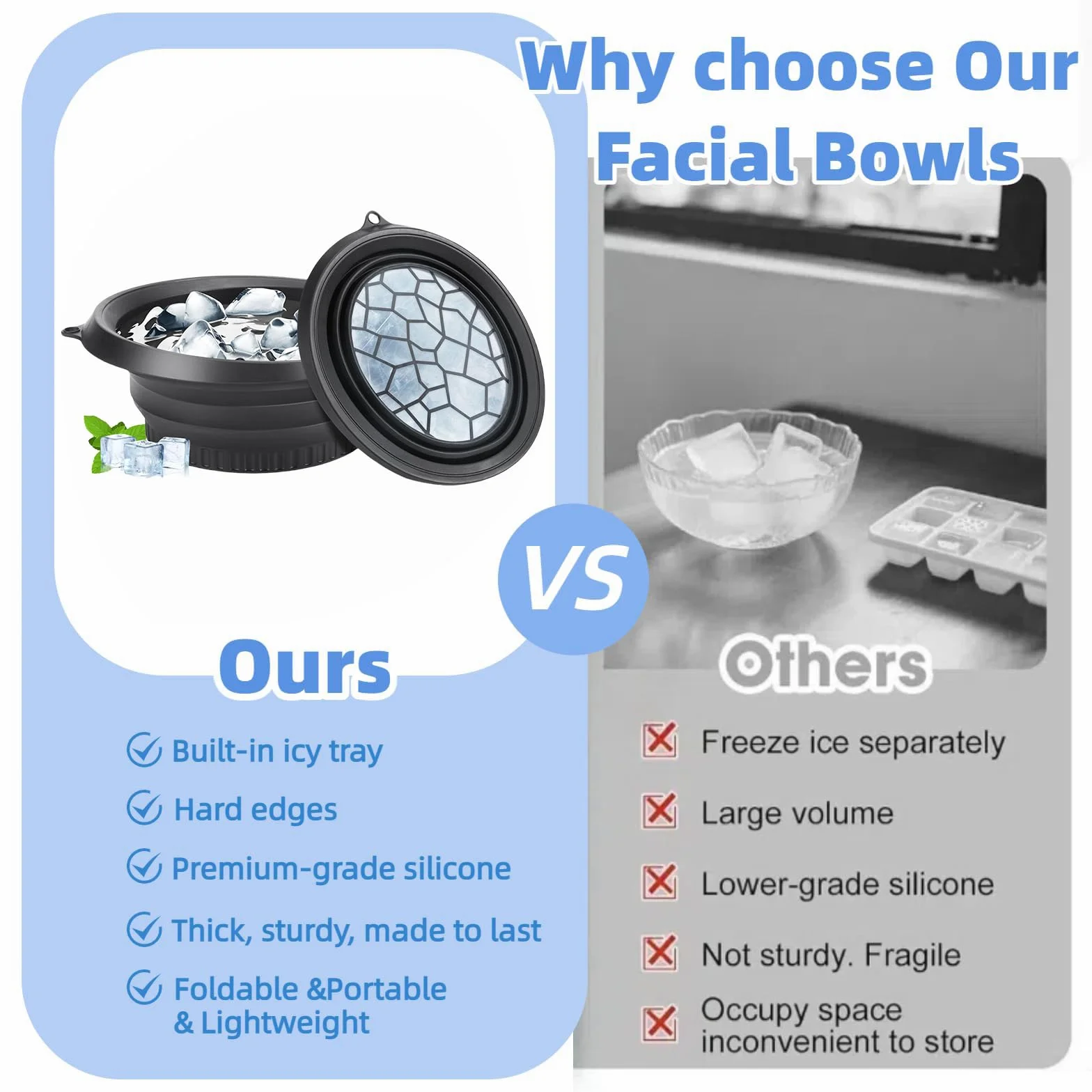 Bol à Glace Facial Pliable en Silicone avec Compartiment à Glace Intégré pour Thérapie par Immersion Froide
