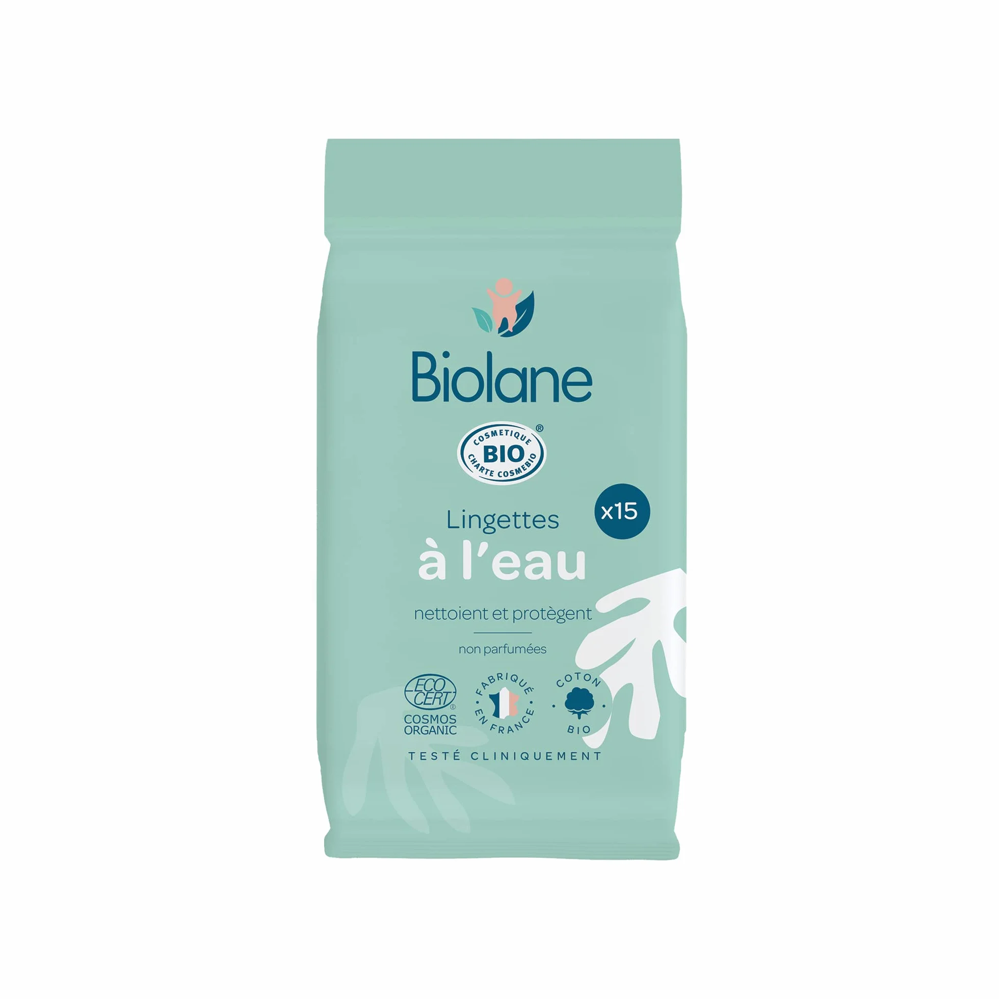 BIOLANE Lingette à l'eau Pocket BIO 15 Lingettes Naturelles 99% Eau Bébé Peaux Sensibles