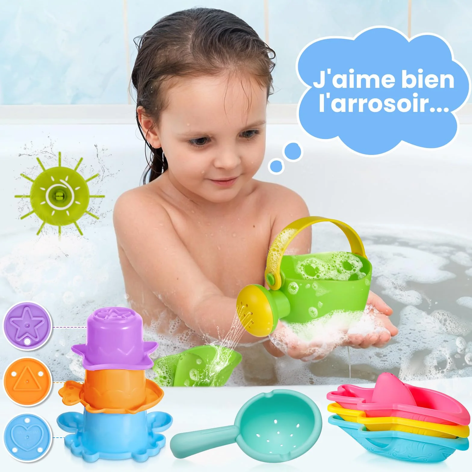 Jouet de Bain Bebe 10 pièces arrosoir Tasses empilables Bateaux empilables