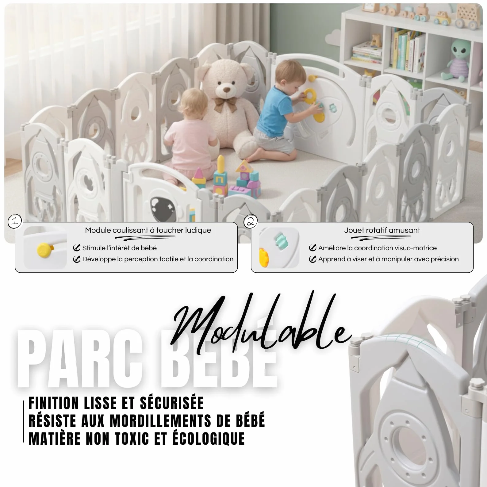 Parc Bébé Modulable 145x145 CM Gris et Blanc – Aire de Jeu Sécurisée pour Enfant