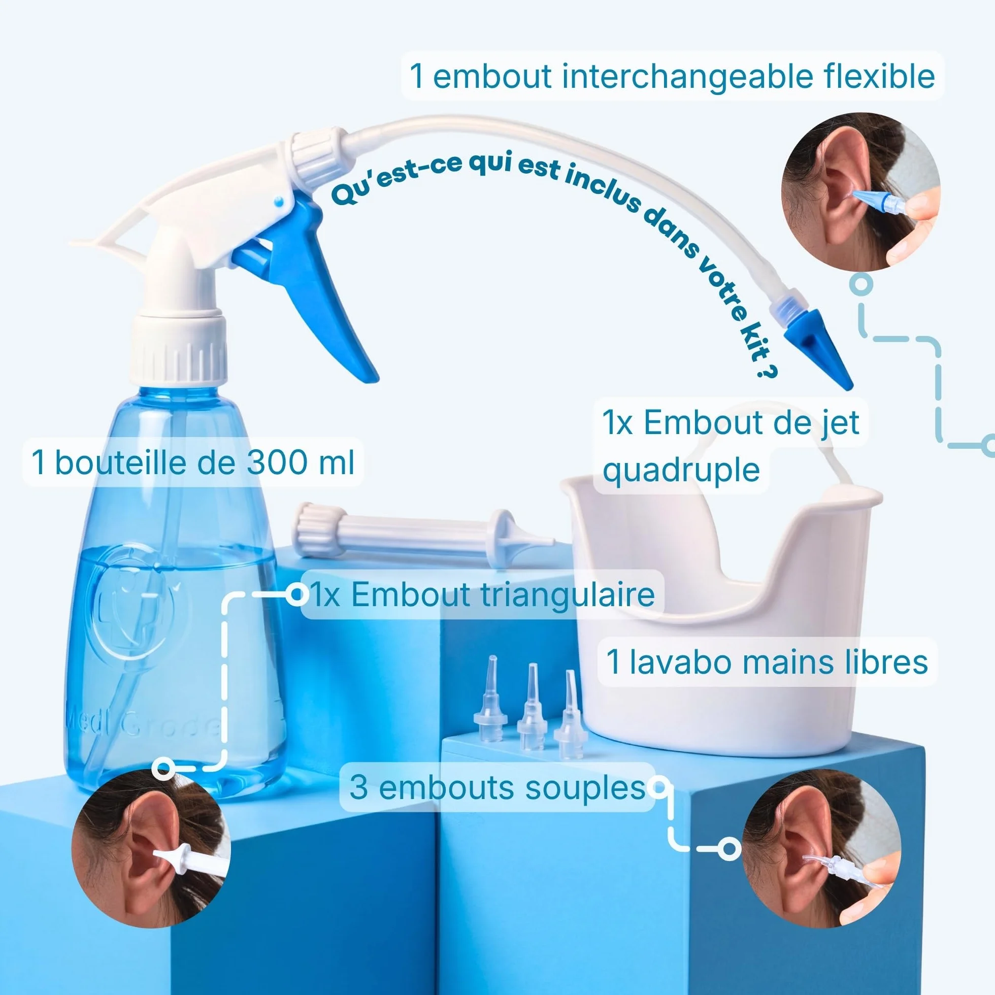 Medi Grade Kit Nettoyeur Oreille 300ml Vaporisateur Pompe Seringue Sécurité Cérumen