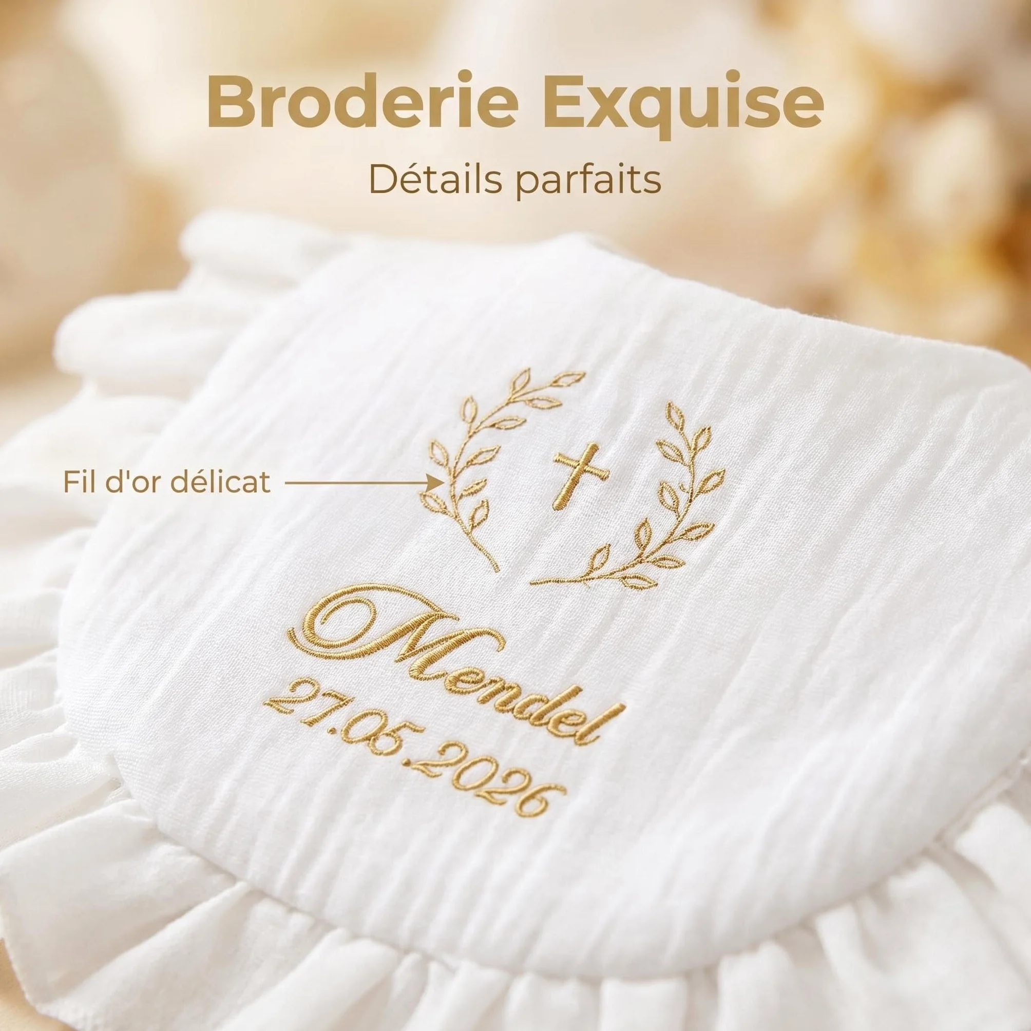 Bavoir Baptême Personnalisé Bébé 100% Coton Doux Broderie Prénom Date Cadeau Coffret
