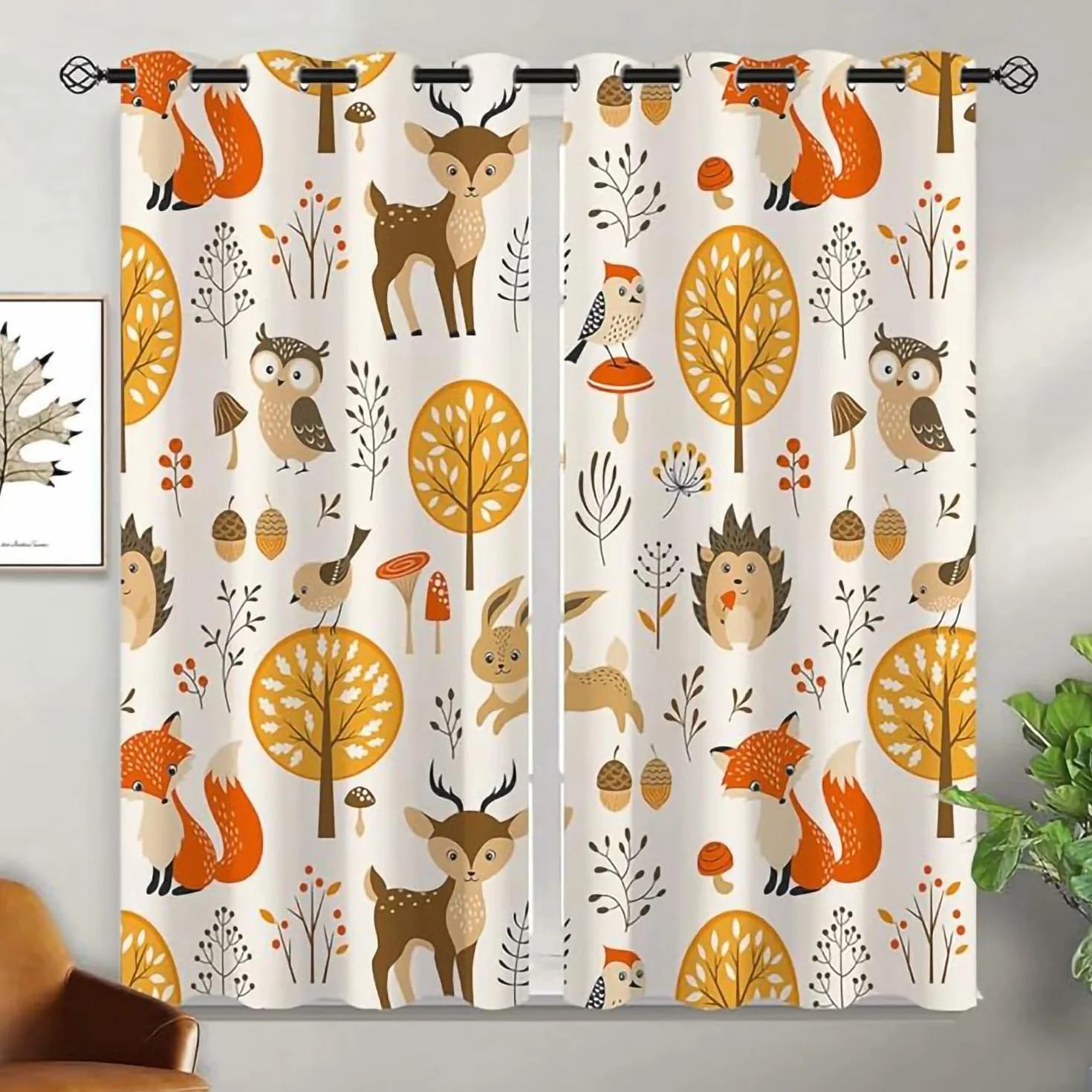 Rideau Occultant Forêt Renard 234x230cm Animaux de la Jungle Opaque à Oeillets 3D Imprimé