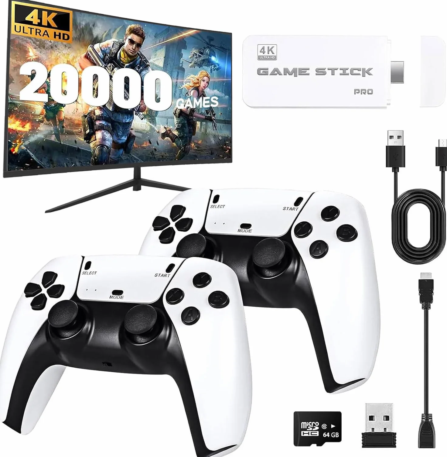 Console Rétrogaming TV Stick HDMI 4K 20000+ Jeux 23 Émulateurs 2 Manettes sans Fil Blanc