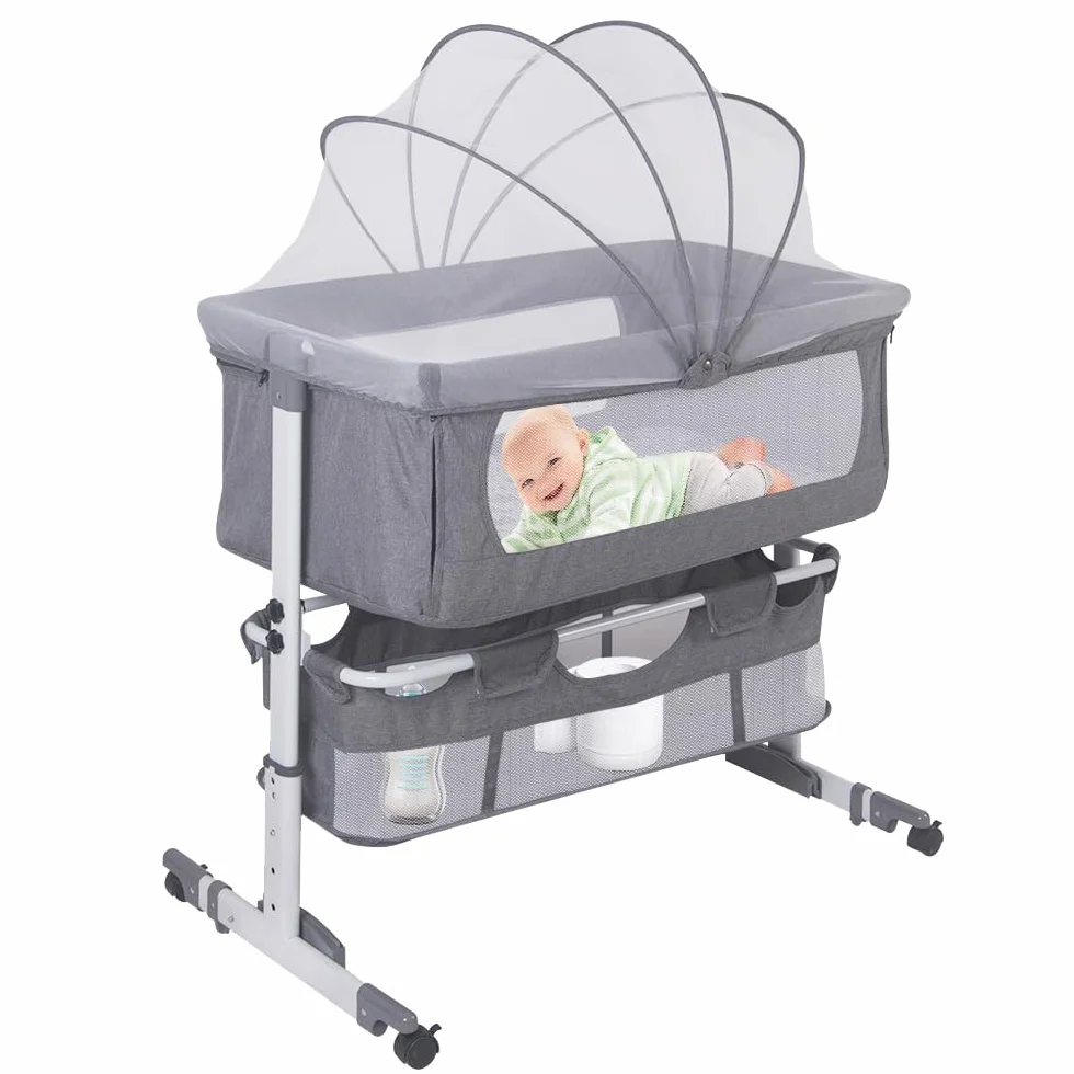 Lit Cododo Bébé 2 en 1 Berceau avec Matelas et Moustiquaire 50KG Réglable en Hauteur 92x58x70-87cm Gris