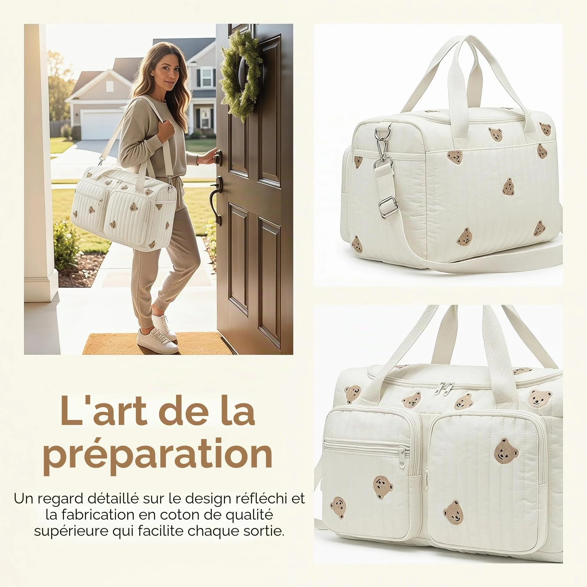 Sac à Langer Bebe Bandoulière 48x26x22cm, Sac de Maternité Multi Poches, Sac de Voyage Femme avec Ceinture Ajustable