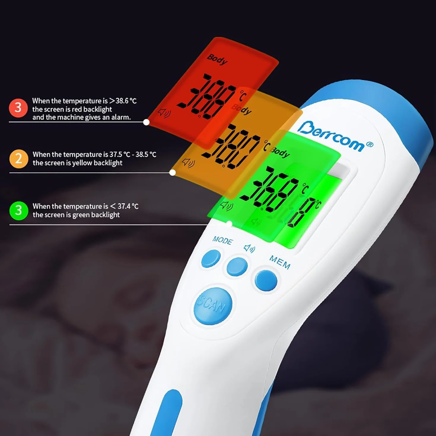 Berrcom Thermomètre infrarouge frontal sans contact avec alarme fièvre 3 couleurs °C/°F