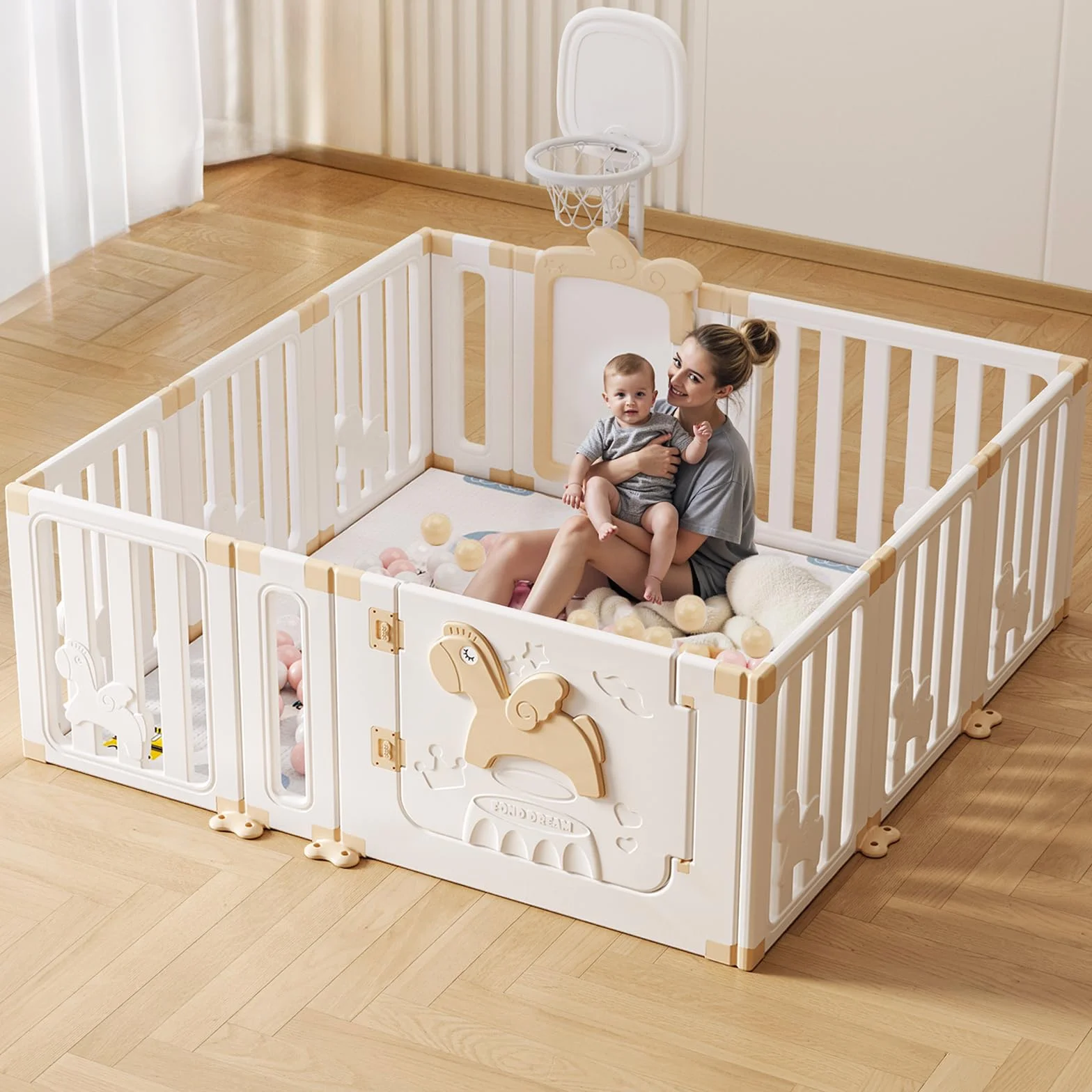 UBRAVOO Parc bébé avec panier de basket, parc de jeu sécurisé Angel Horse, 30 balles, 12 panneaux, kaki