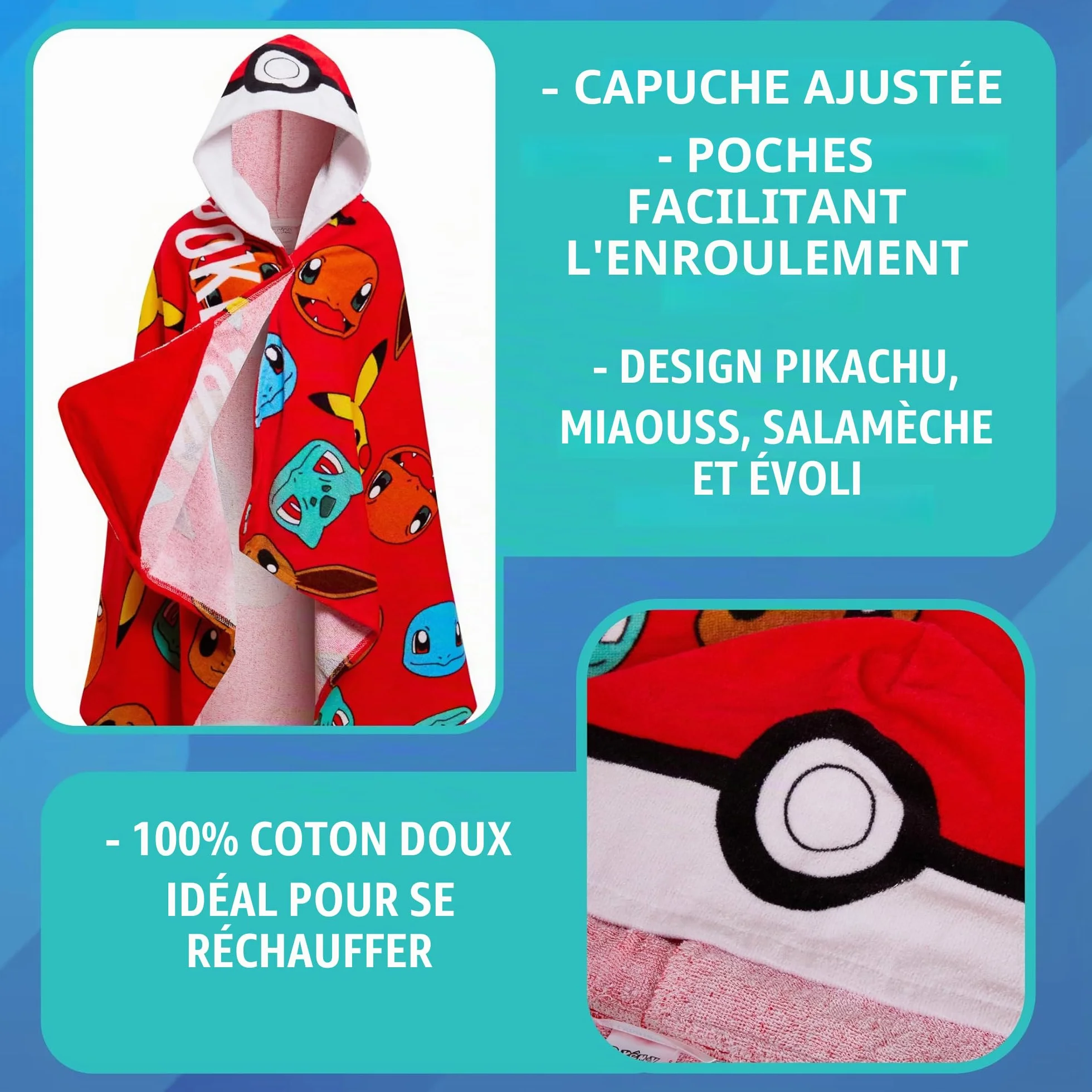Pokémon Serviette à Capuche 100% Coton Enfants Poncho Pokeball Pikachu Plage Bain Wrap