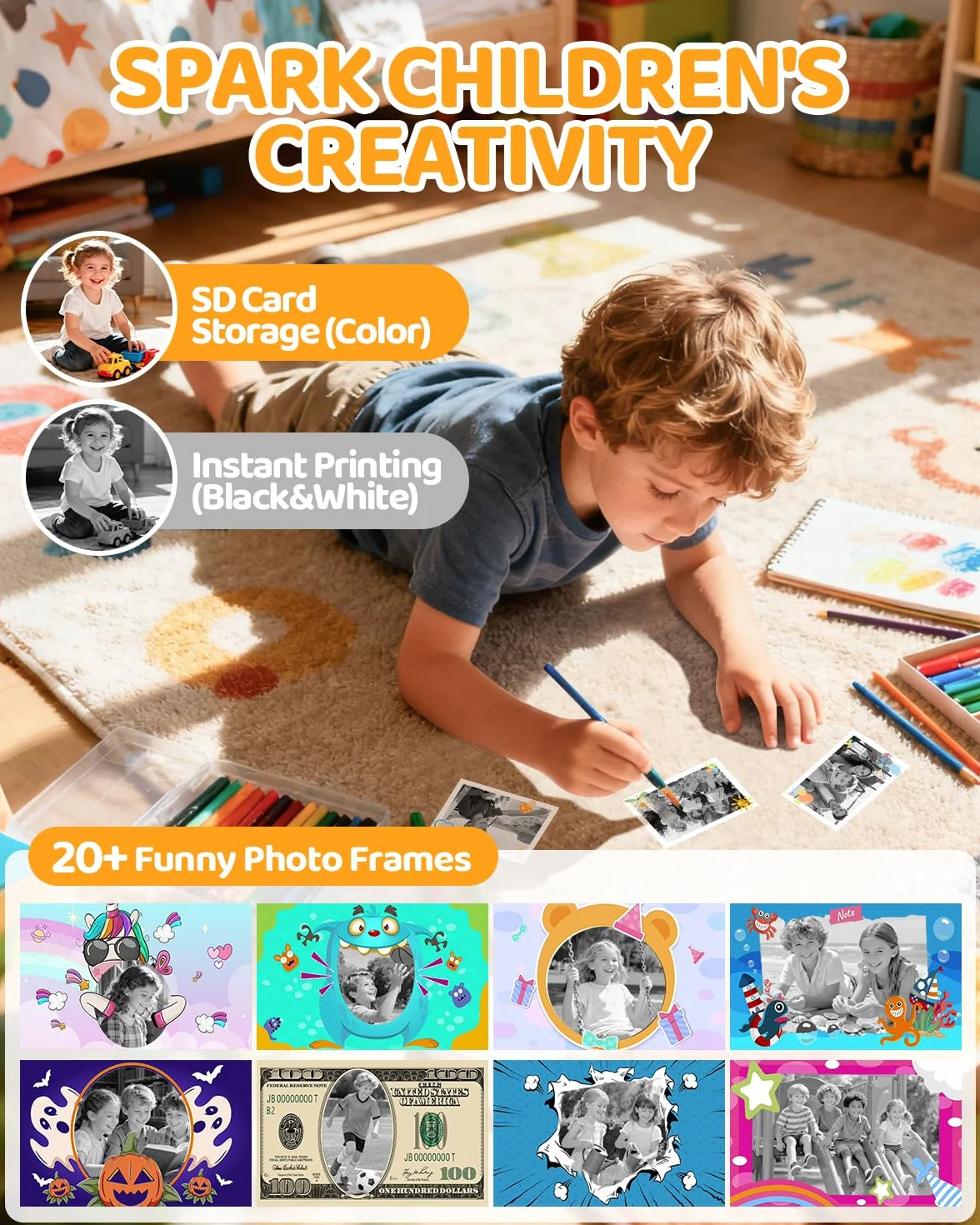 Appareil Photo Instantané Enfants 1080P HD Numérique Double Objectif avec Carte 32GB Papier d'impression Cadeaux Garçons Filles 3-12 Ans