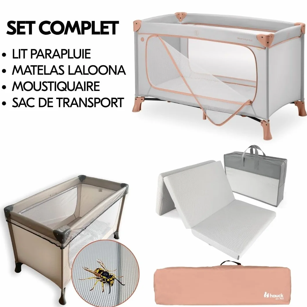 Hauck Dream N Play Plus Lit Parapluie Bébé Pliable avec Matelas, Moustiquaire, Sac de Transport – Dusty Cork