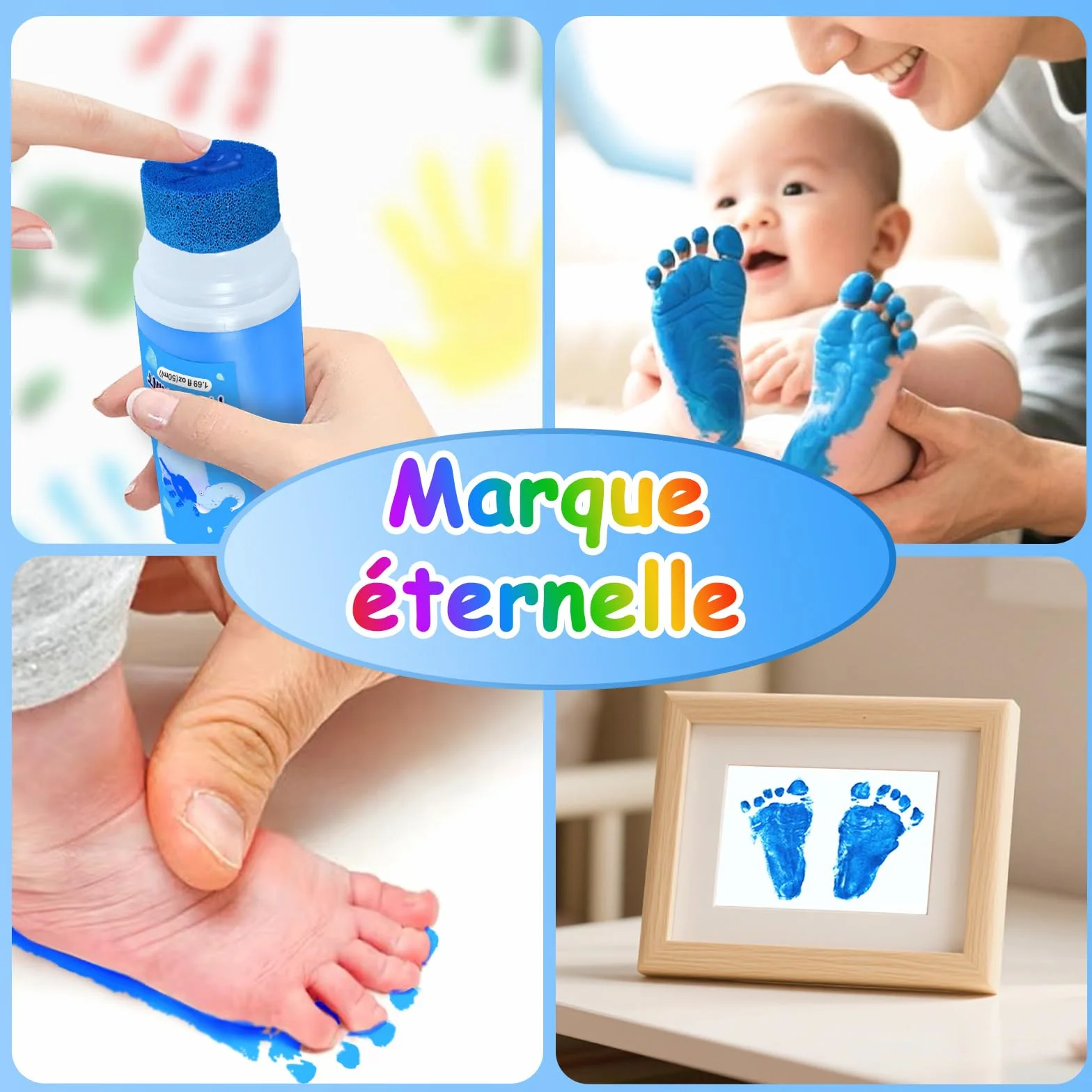 Kit Empreinte Bébé avec Attachement Éponge, Encre Non Toxique Lavable, Cadeau Naissance Souvenir Bébé - Bleu