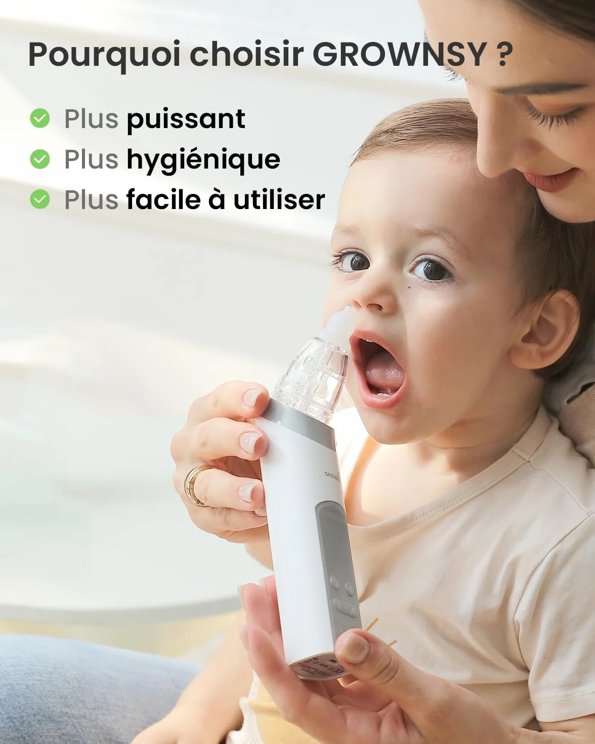 GROWNSY Aspirateur Nasal Bébé Électrique, Forte Aspiration, 3 Niveaux, Rechargeable USB, pour Nouveau-nés