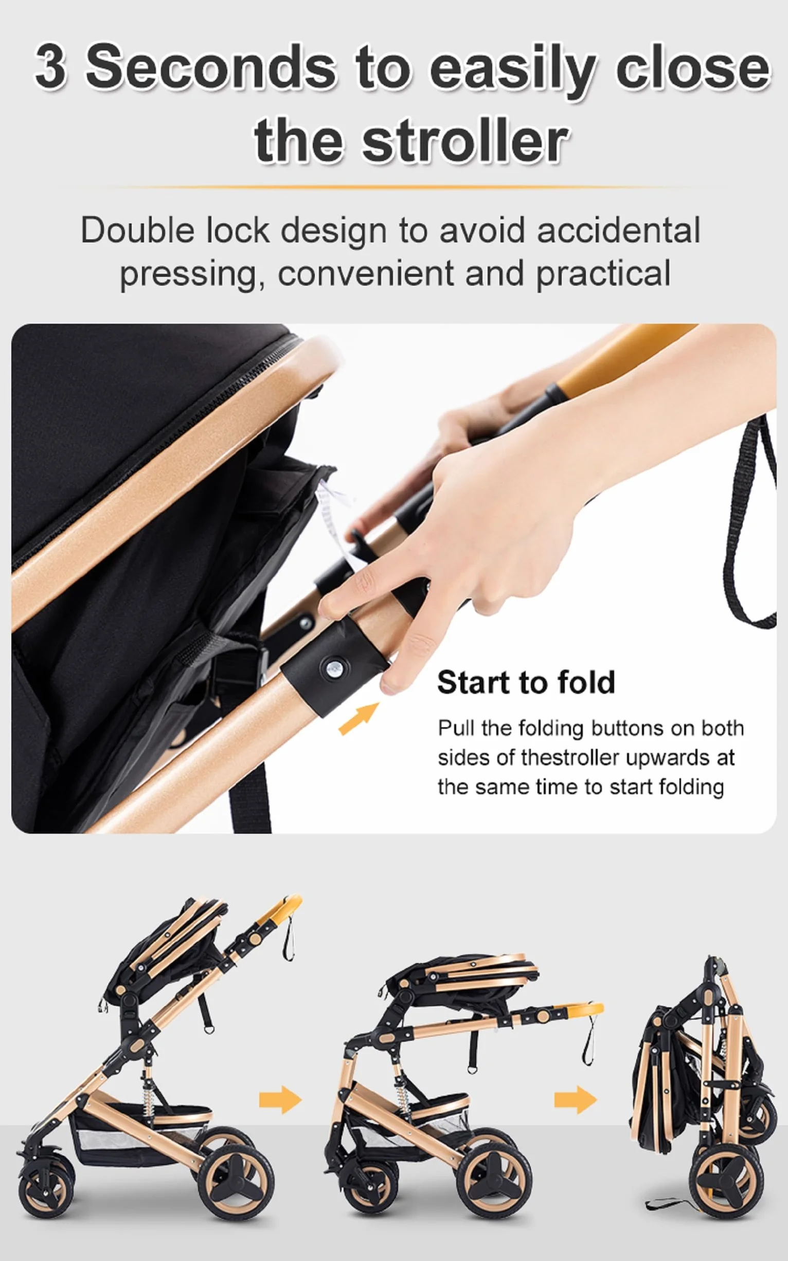 GLOKID Poussette 3 en 1, Poussette Combinée Portable Pliant en Un Clic, Cadre Aluminium Noir