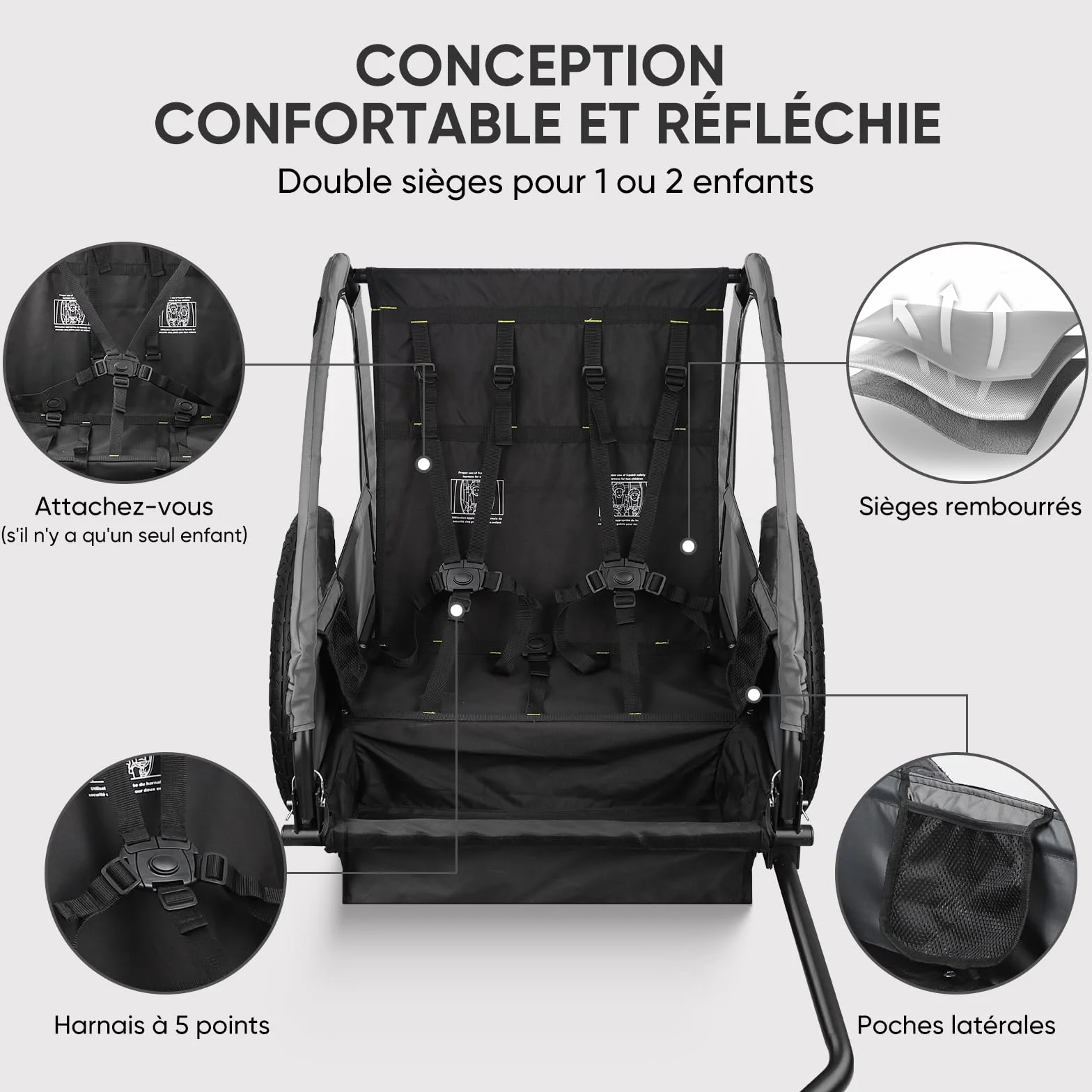 SEPNINE Remorque pour Enfant 2 Places Tout-Terrain Pliable avec Frein à Main 40 kg