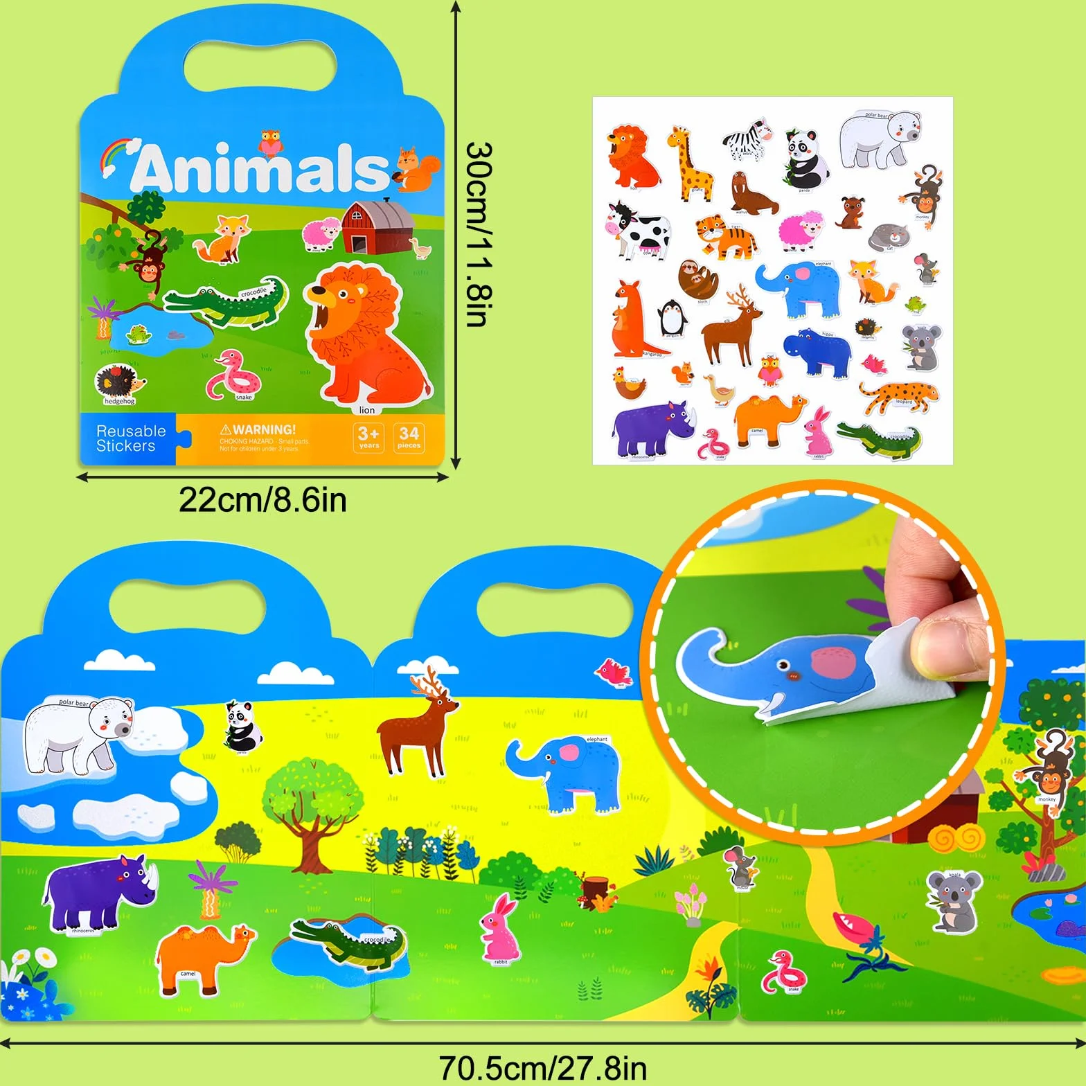NEBURORA Livre d'autocollants gonflés réutilisables pour enfants, 88 autocollants animaux, jouets éducatifs de voyage