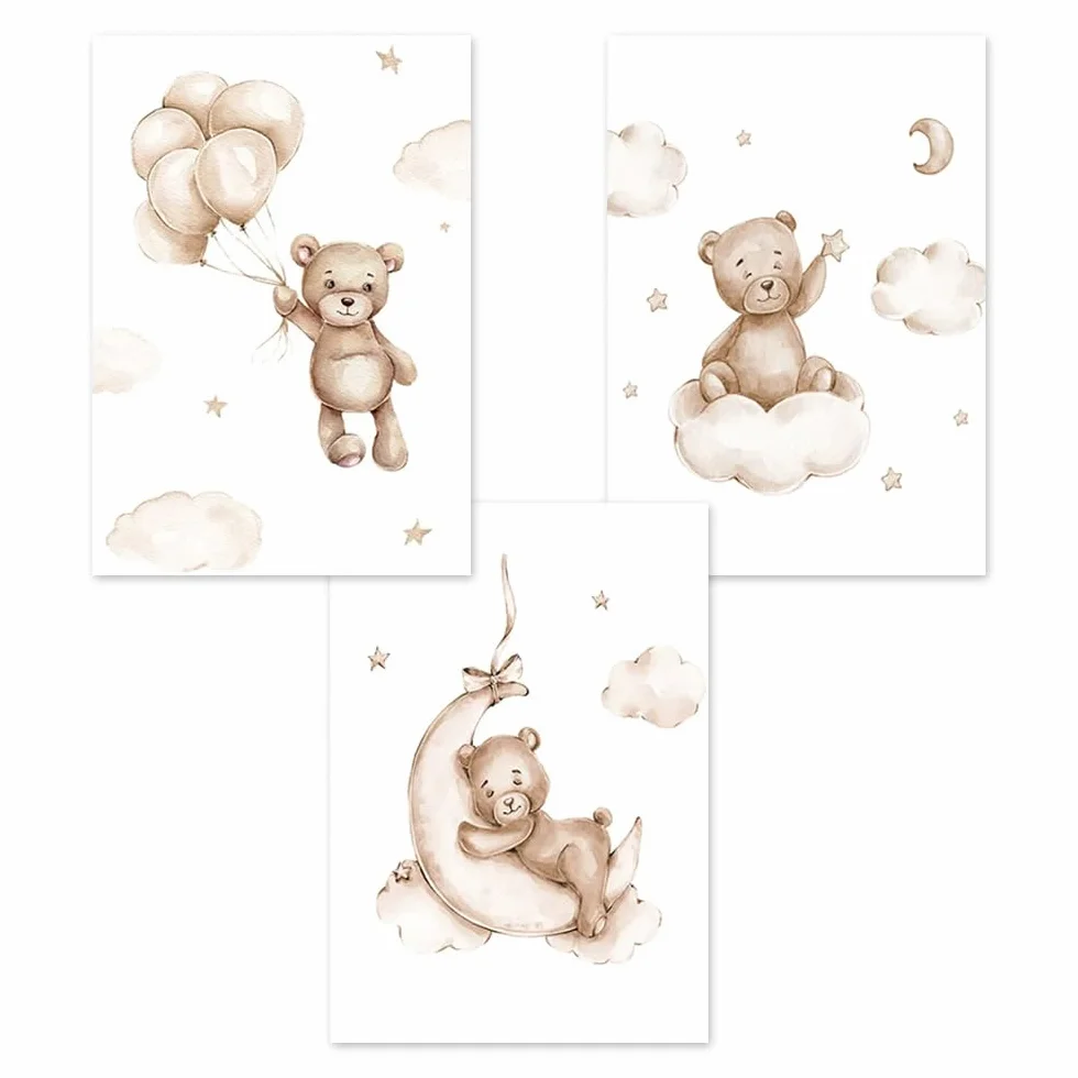 Affiche Ourson Chambre Bebe 30x40cm Poster Mural Enfant Garcon Nounours Nuage Ballon Tableau Decoration Murale Fille Cadeau sans Cadre