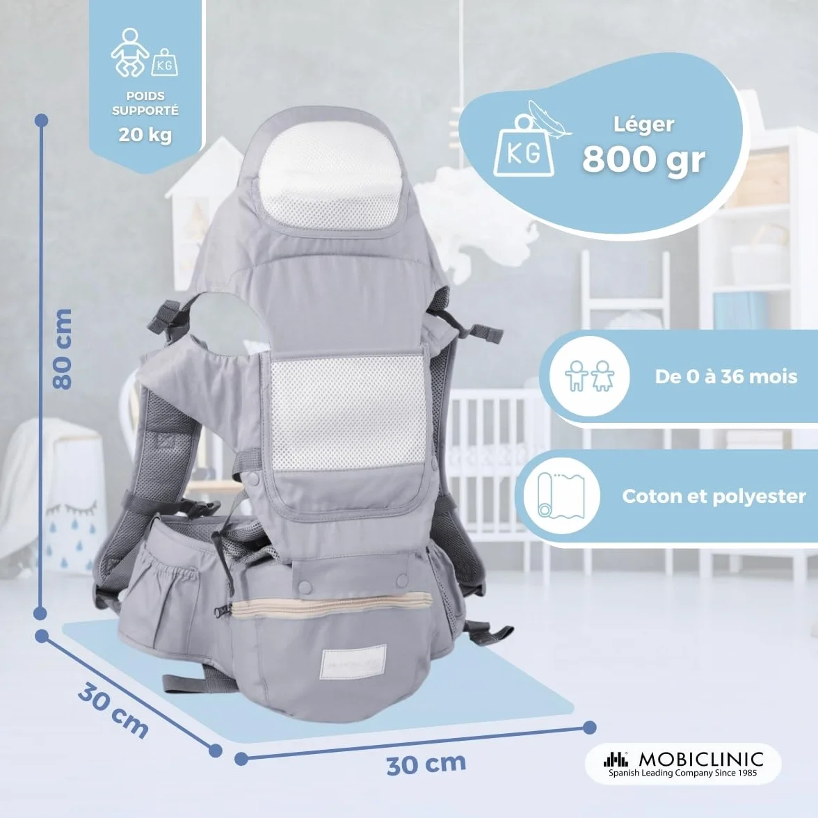Porte-bébé Mobiclinic 6 en 1 Moley Multiposition Pliable 0-36 mois Coton premium Gris