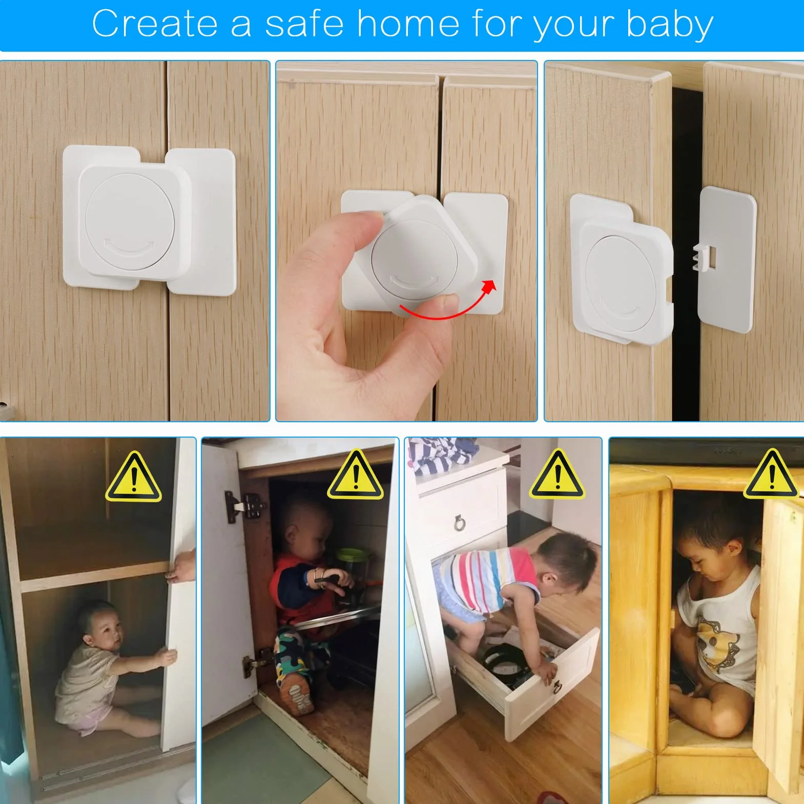 Securite Placard Enfant 8PCS Verrou Bloc Tiroir Securite Bebe Réfrigérateur Armoires Adhésif 3M Sans Perçage